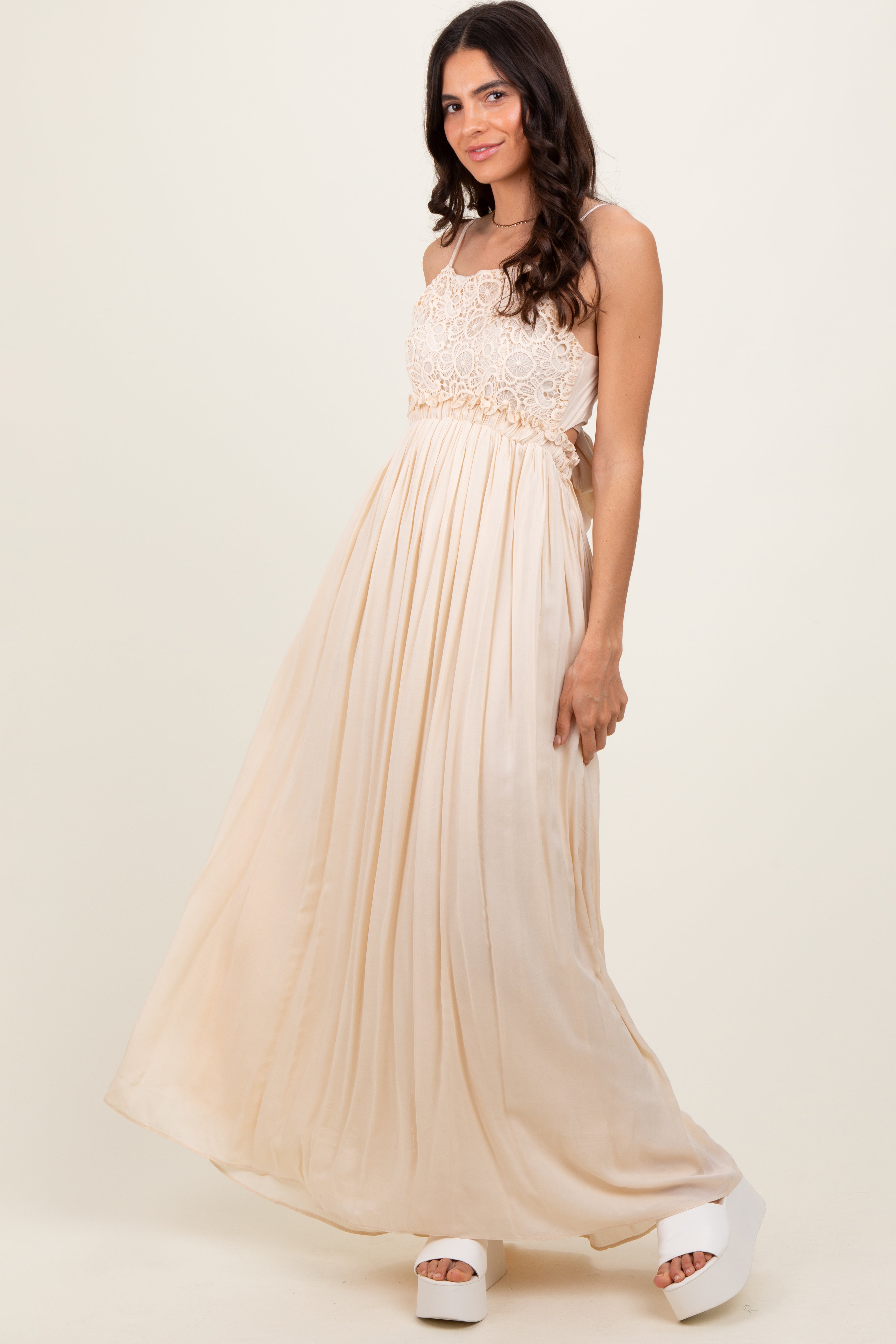 Beige Lace Bodice Cutout Tie Back Maternity Maxi Dress PinkBlush