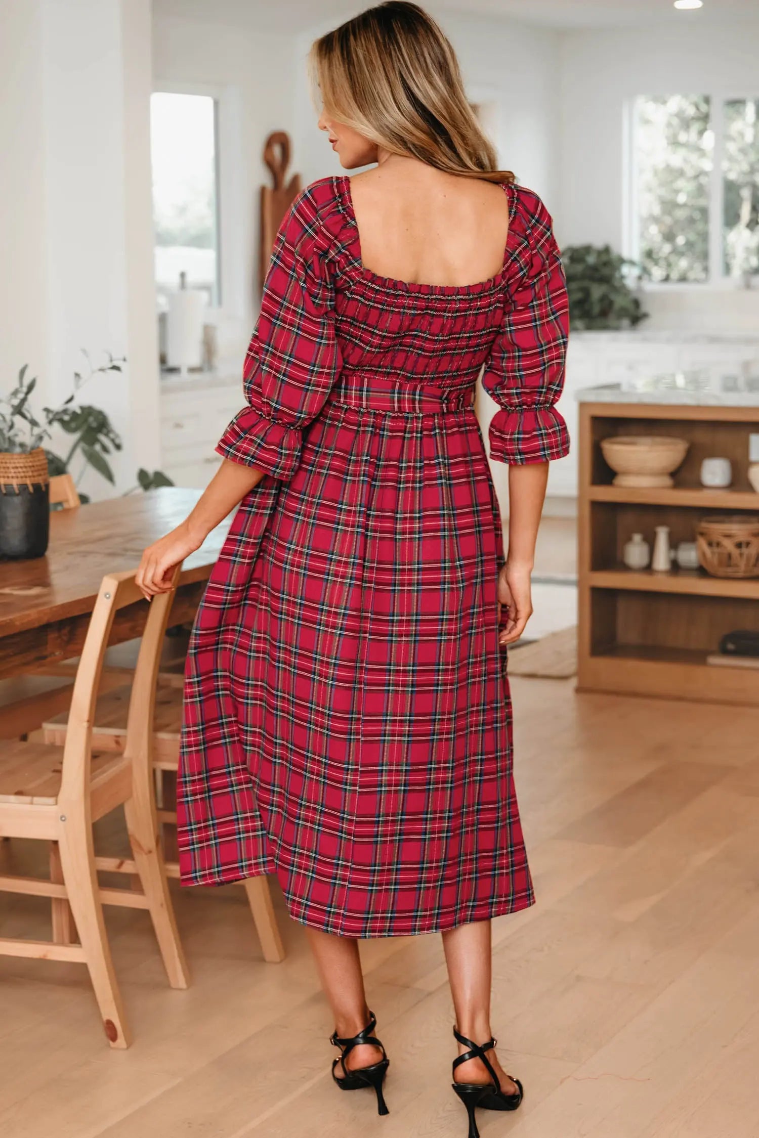 Red Tartan Plaid Square Neck Puff Sleeve Knot Waist Flared Midi Dress Dear-Lover Dropshipping