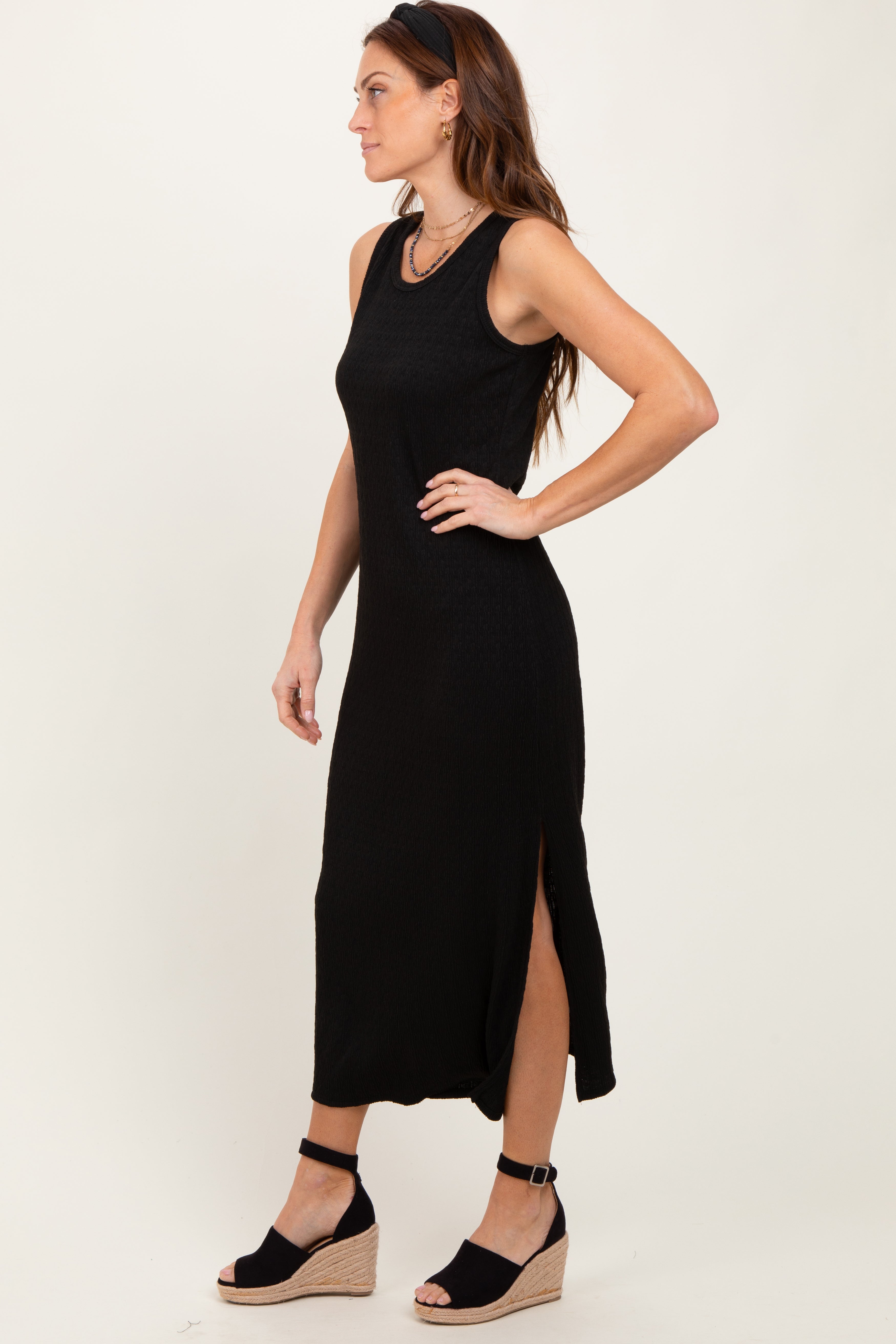 Black Jacquard Sleeveless Side Slit Midi Dress PinkBlush