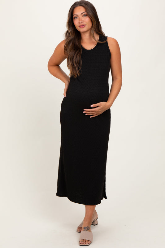 Black Jacquard Sleeveless Side Slit Maternity Midi Dress PinkBlush