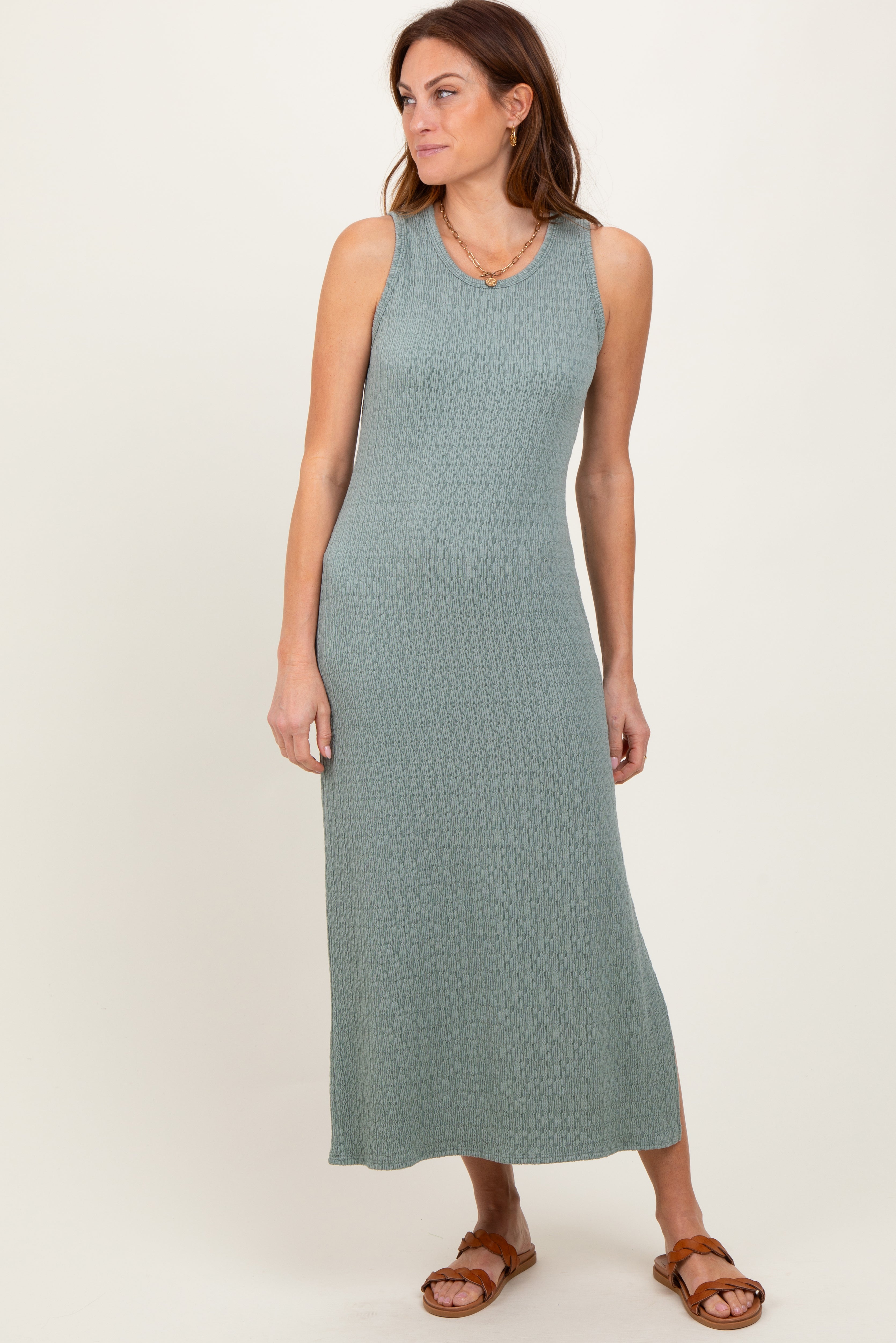 PinkBlush Green Jacquard Sleeveless Side Slit Midi Dress - Alternate Angle