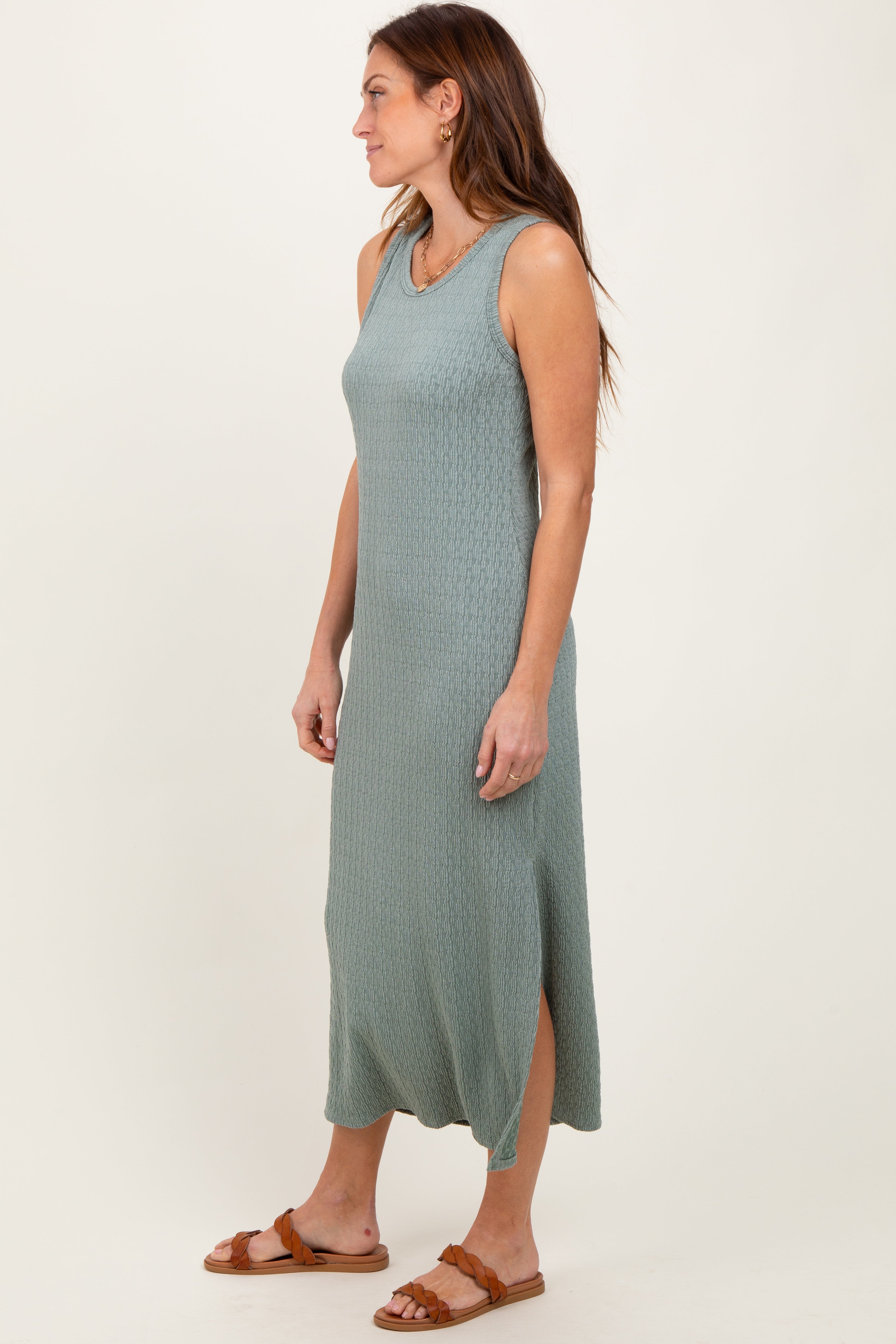 PinkBlush Green Jacquard Sleeveless Side Slit Midi Dress - Detail View