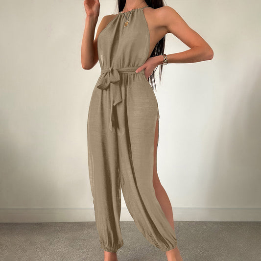 Sleeveless Beach Cover Up Solid Color All Matching Tied Jumpsuit Slim Fit Slimming Sun Protection Clothing Women Bella Mia