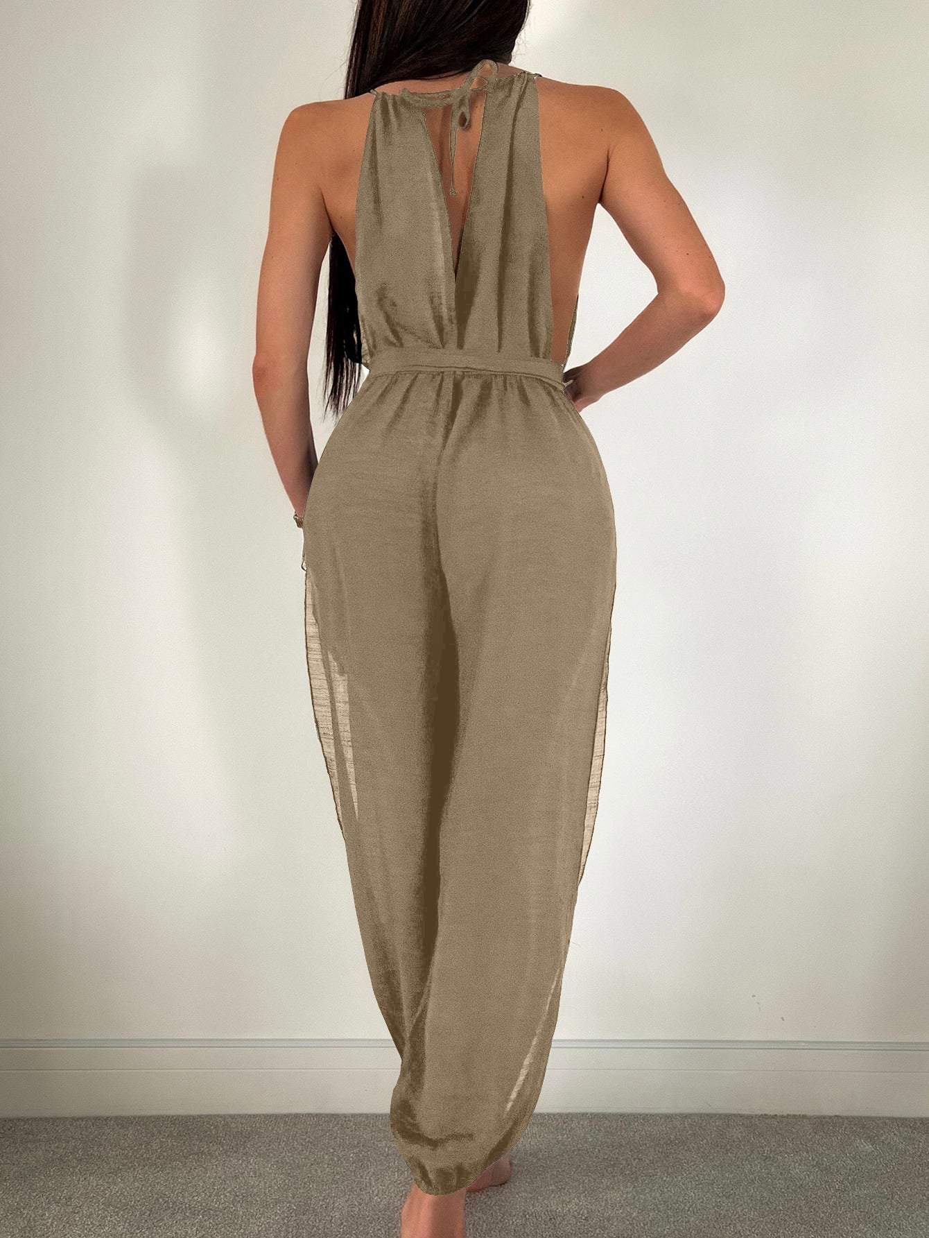 Sleeveless Beach Cover Up Solid Color All Matching Tied Jumpsuit Slim Fit Slimming Sun Protection Clothing Women Bella Mia