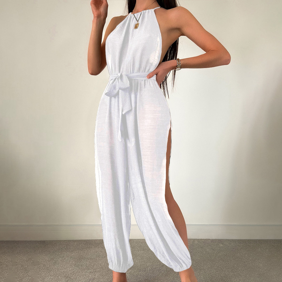 Sleeveless Beach Cover Up Solid Color All Matching Tied Jumpsuit Slim Fit Slimming Sun Protection Clothing Women Bella Mia