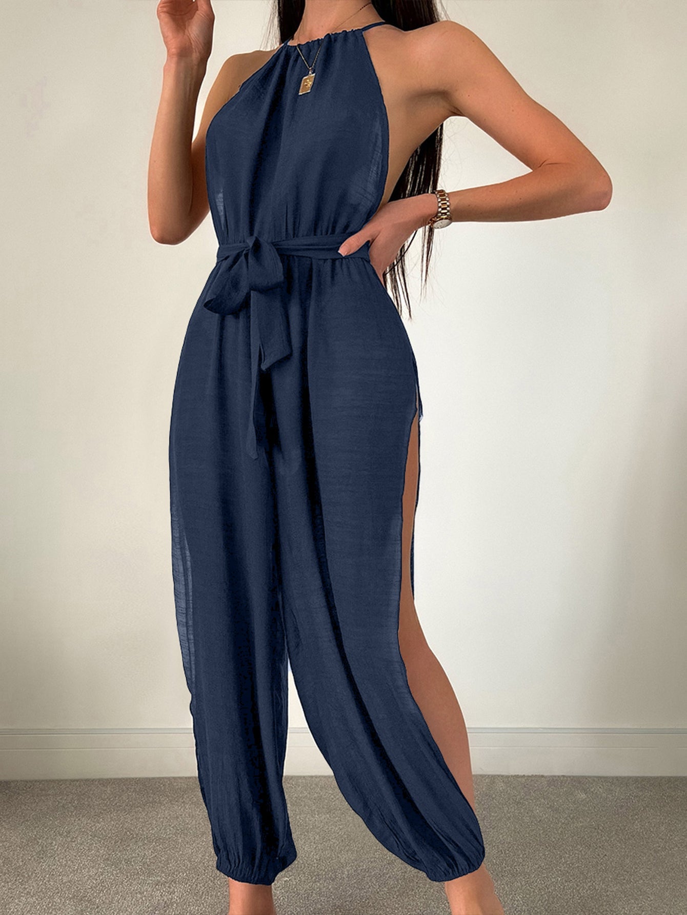 Sleeveless Beach Cover Up Solid Color All Matching Tied Jumpsuit Slim Fit Slimming Sun Protection Clothing Women Bella Mia