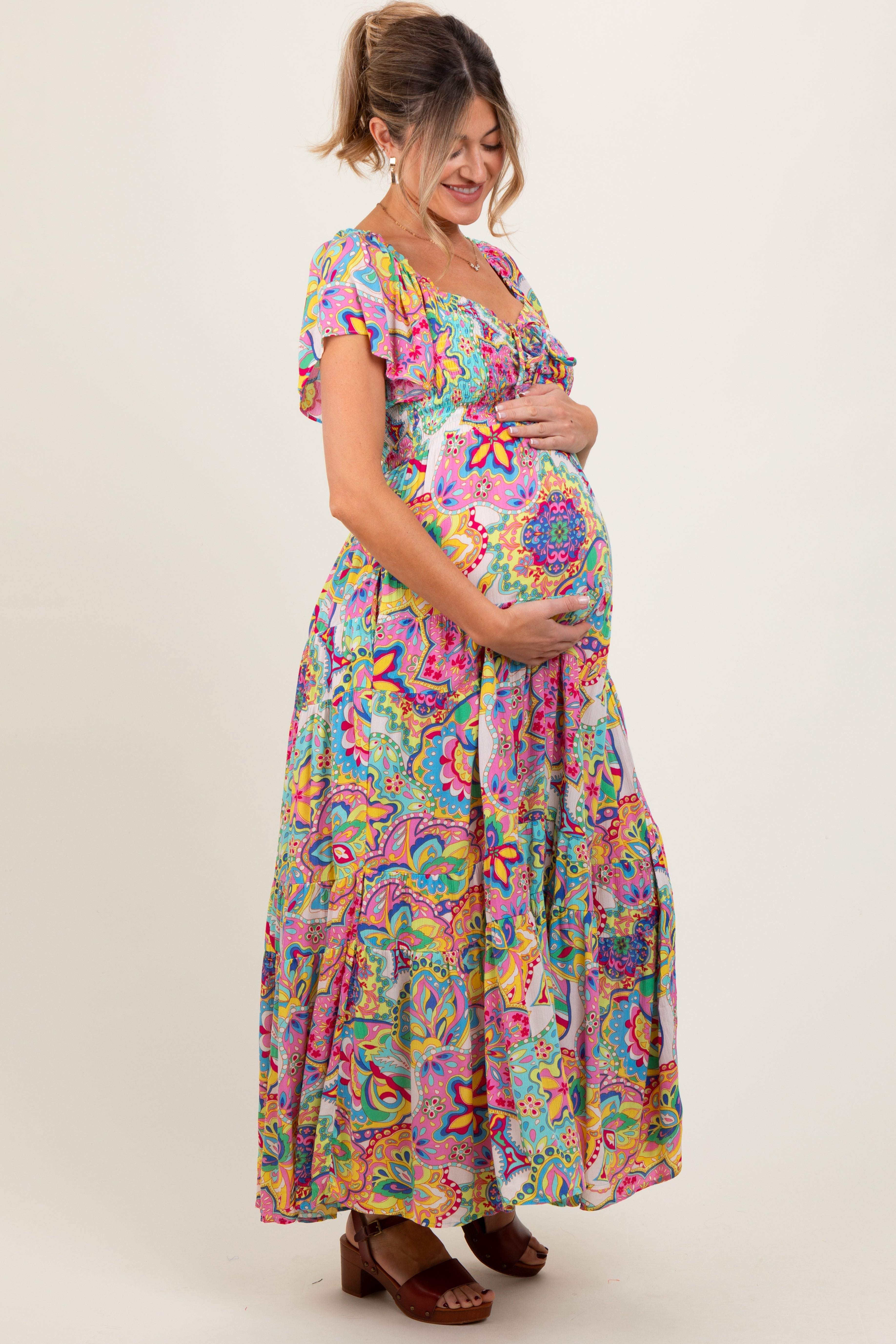 Pink Floral Paisley Smocked Tiered Maternity Maxi Dress PinkBlush