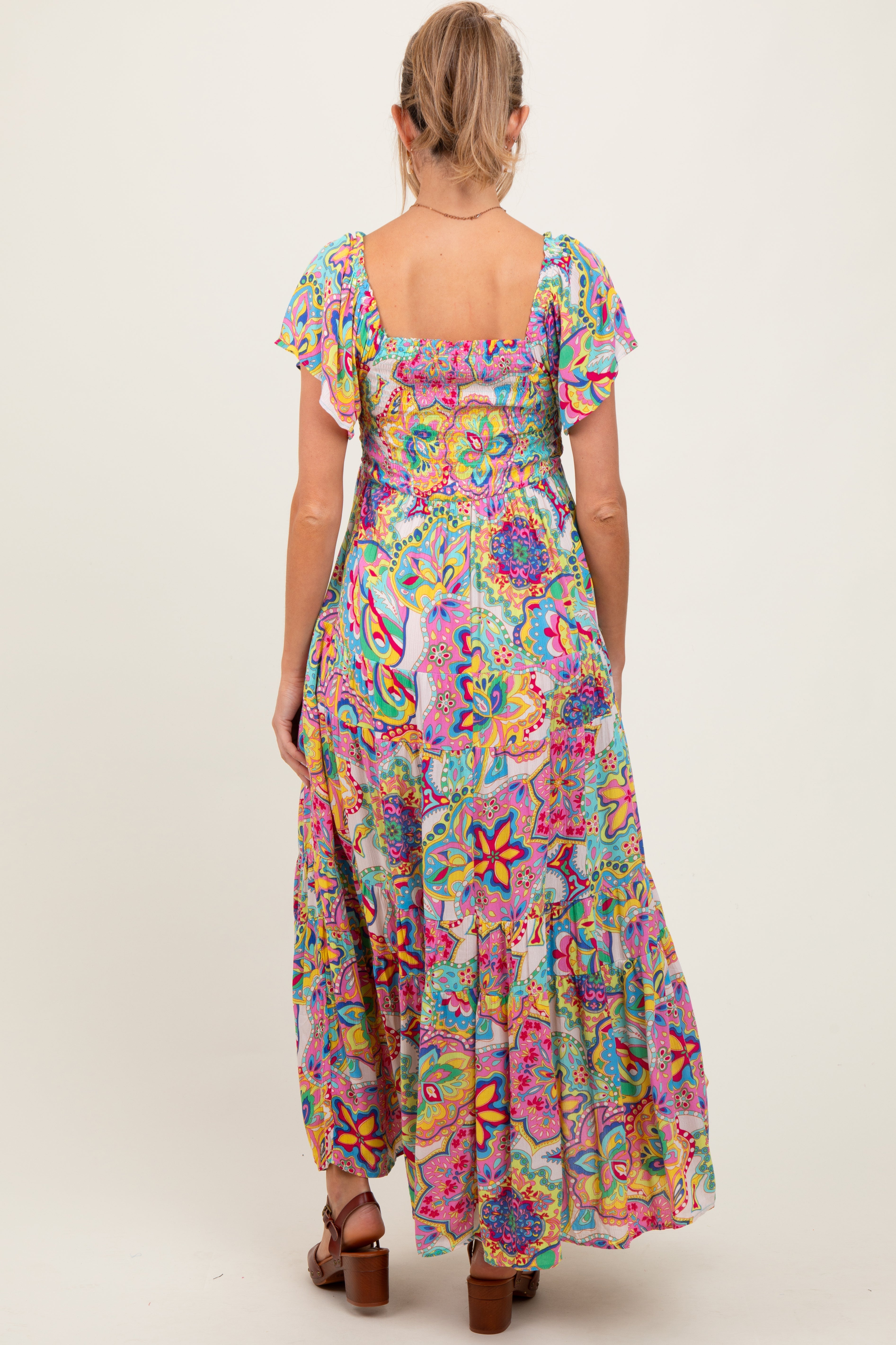 Pink Floral Paisley Smocked Tiered Maternity Maxi Dress PinkBlush