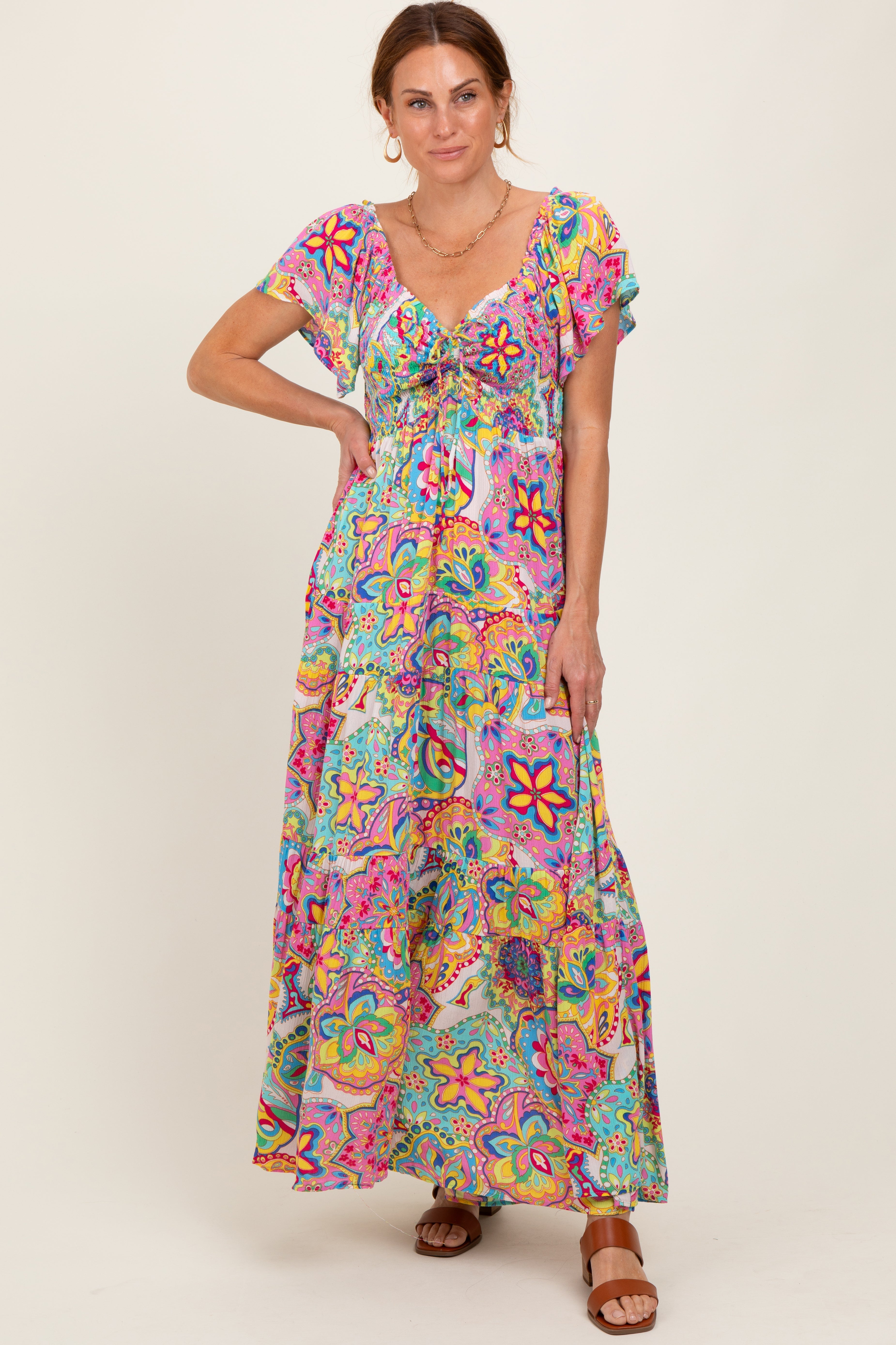 Pink Floral Paisley Smocked Tiered Maternity Maxi Dress PinkBlush