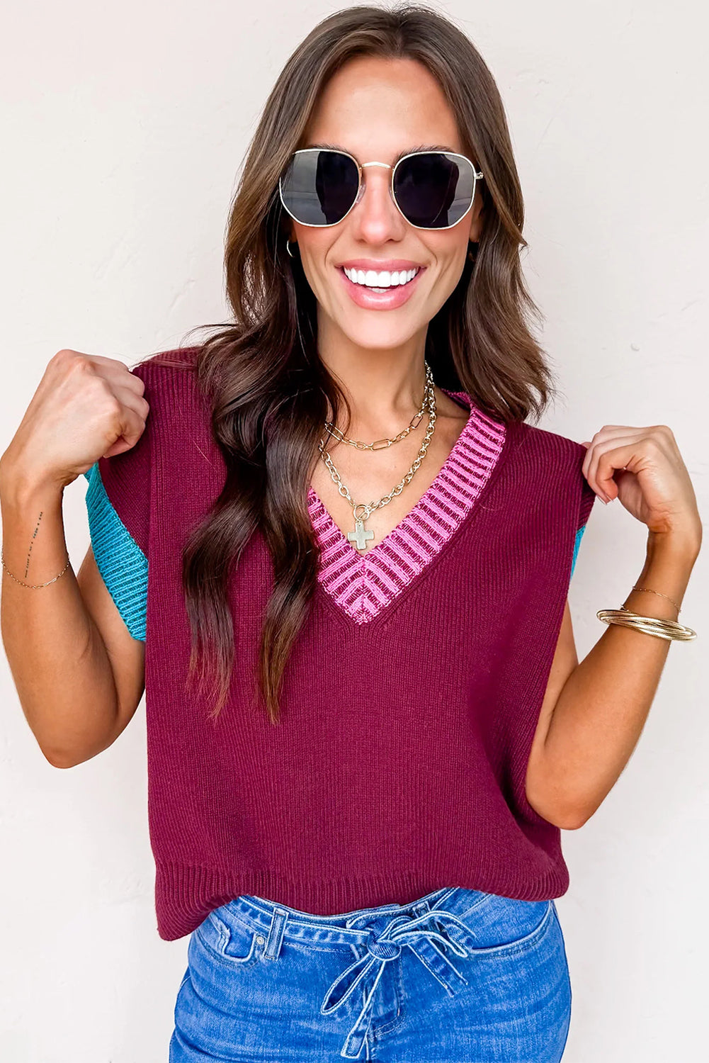 Burgundy Contrast Trim V Neck Short Sleeve Loose Sweater