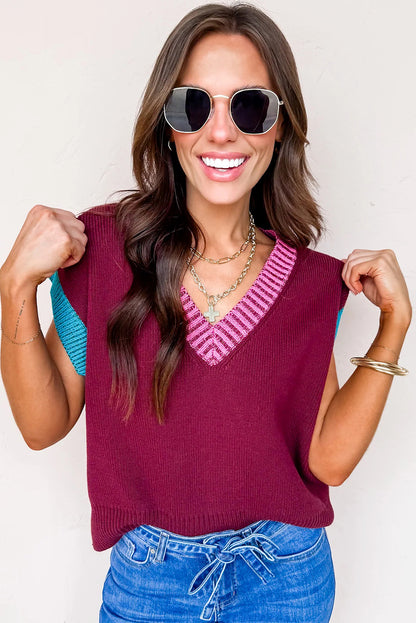 Burgundy Contrast Trim V Neck Short Sleeve Loose Sweater