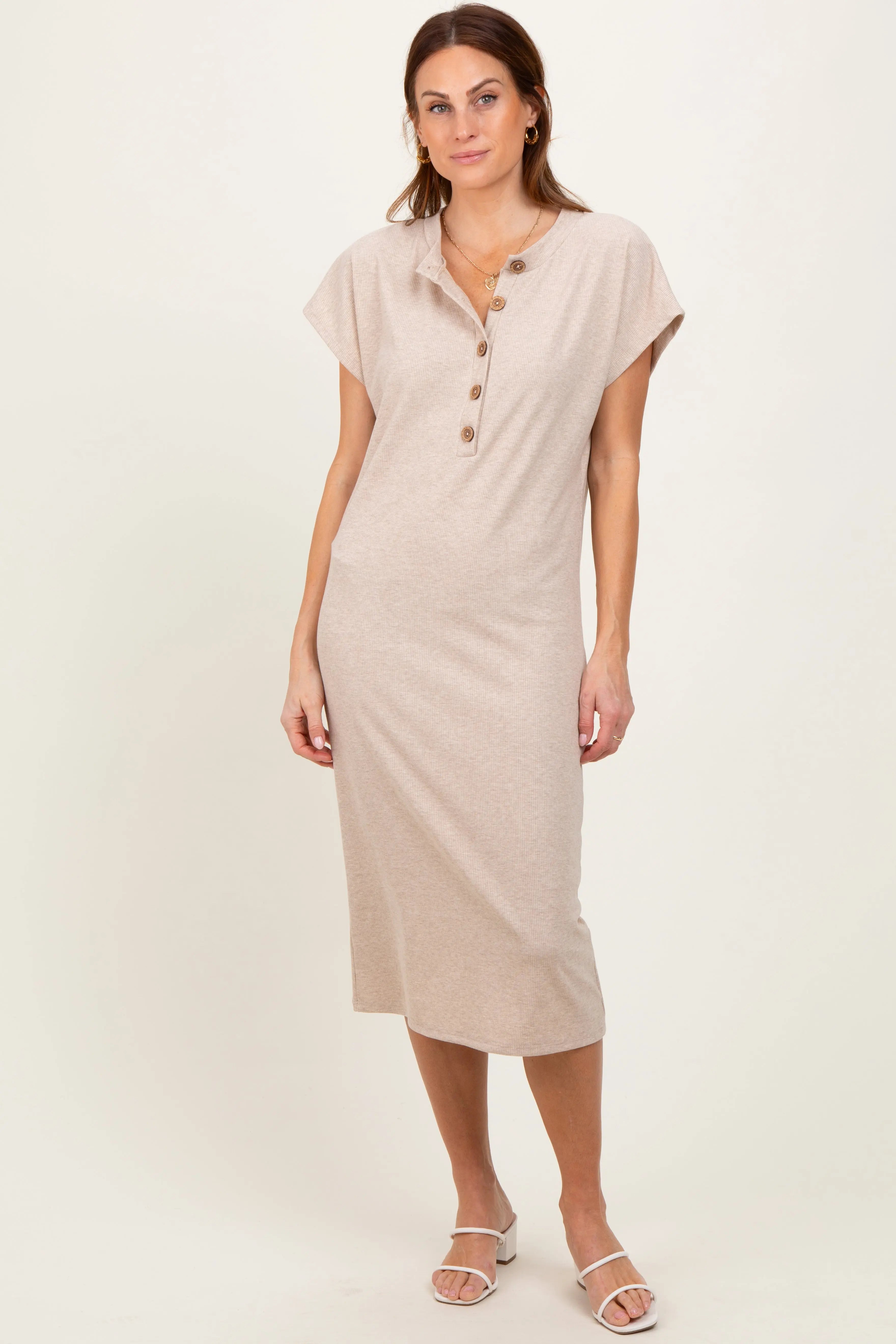 Beige Ribbed Knit Midi Dress With Button Front And Short Sleeve PinkBlush