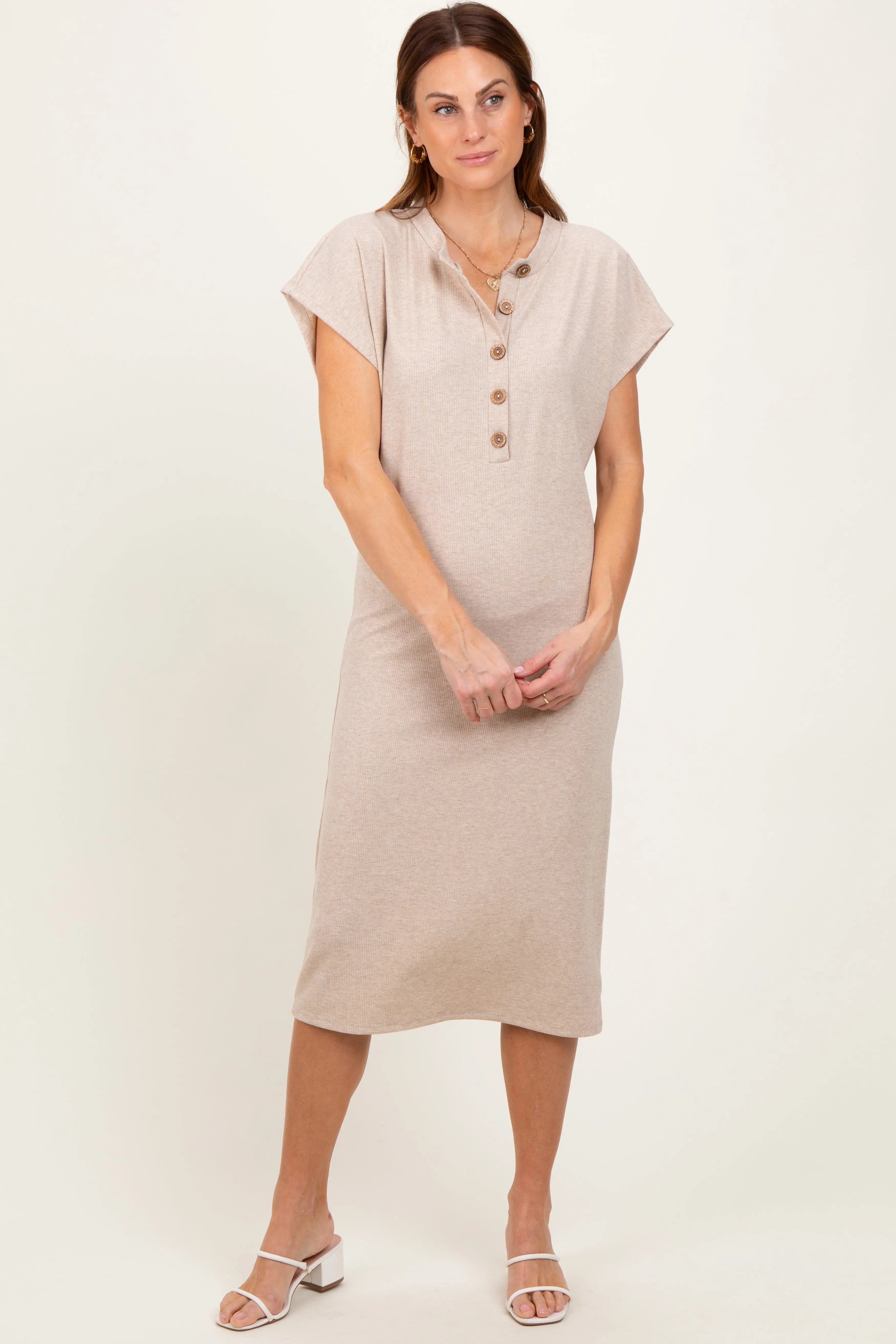 Beige Ribbed Knit Midi Dress With Button Front And Short Sleeve PinkBlush