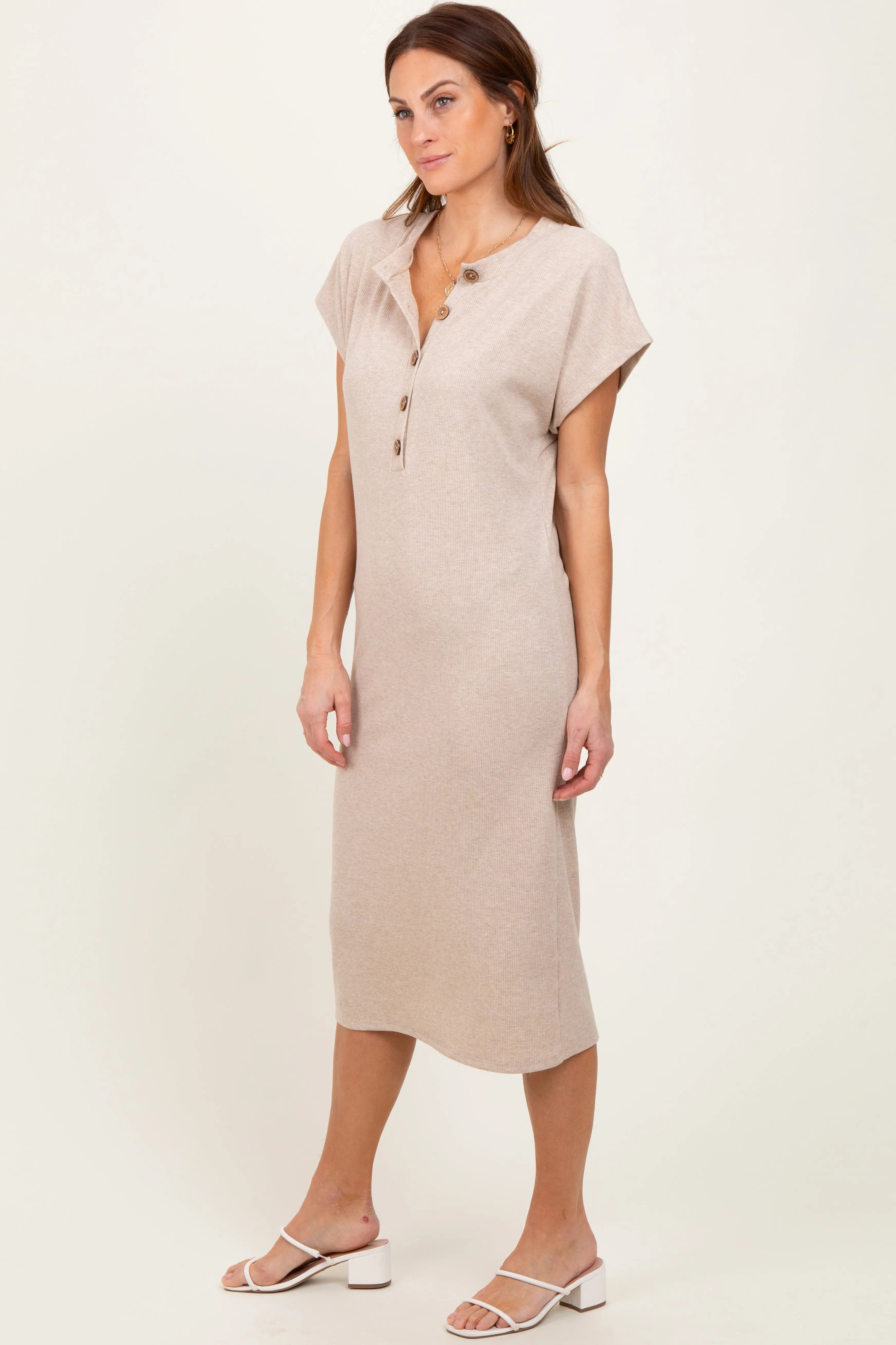 Beige Ribbed Knit Midi Dress With Button Front And Short Sleeve PinkBlush