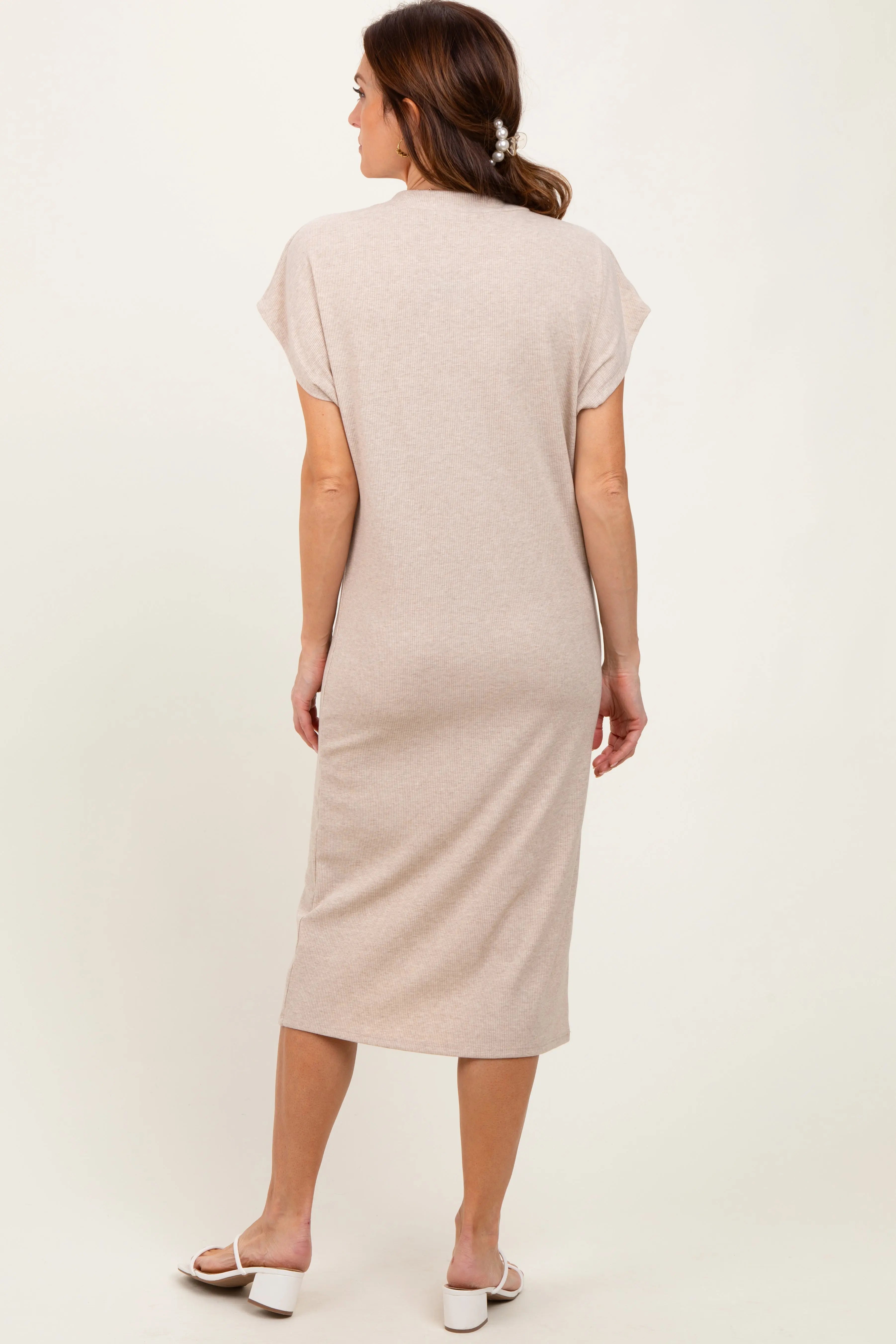 Beige Ribbed Knit Midi Dress With Button Front And Short Sleeve PinkBlush
