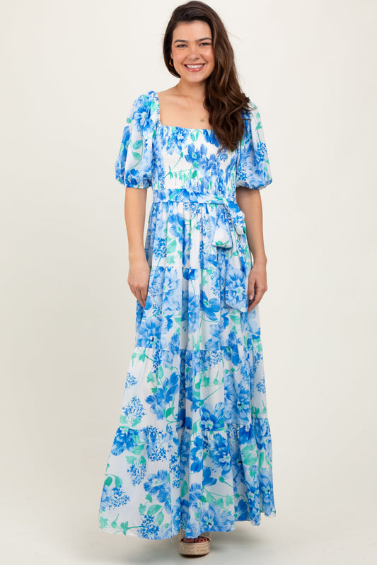 Blue Floral Smocked Puff Sleeve Maxi Dress PinkBlush