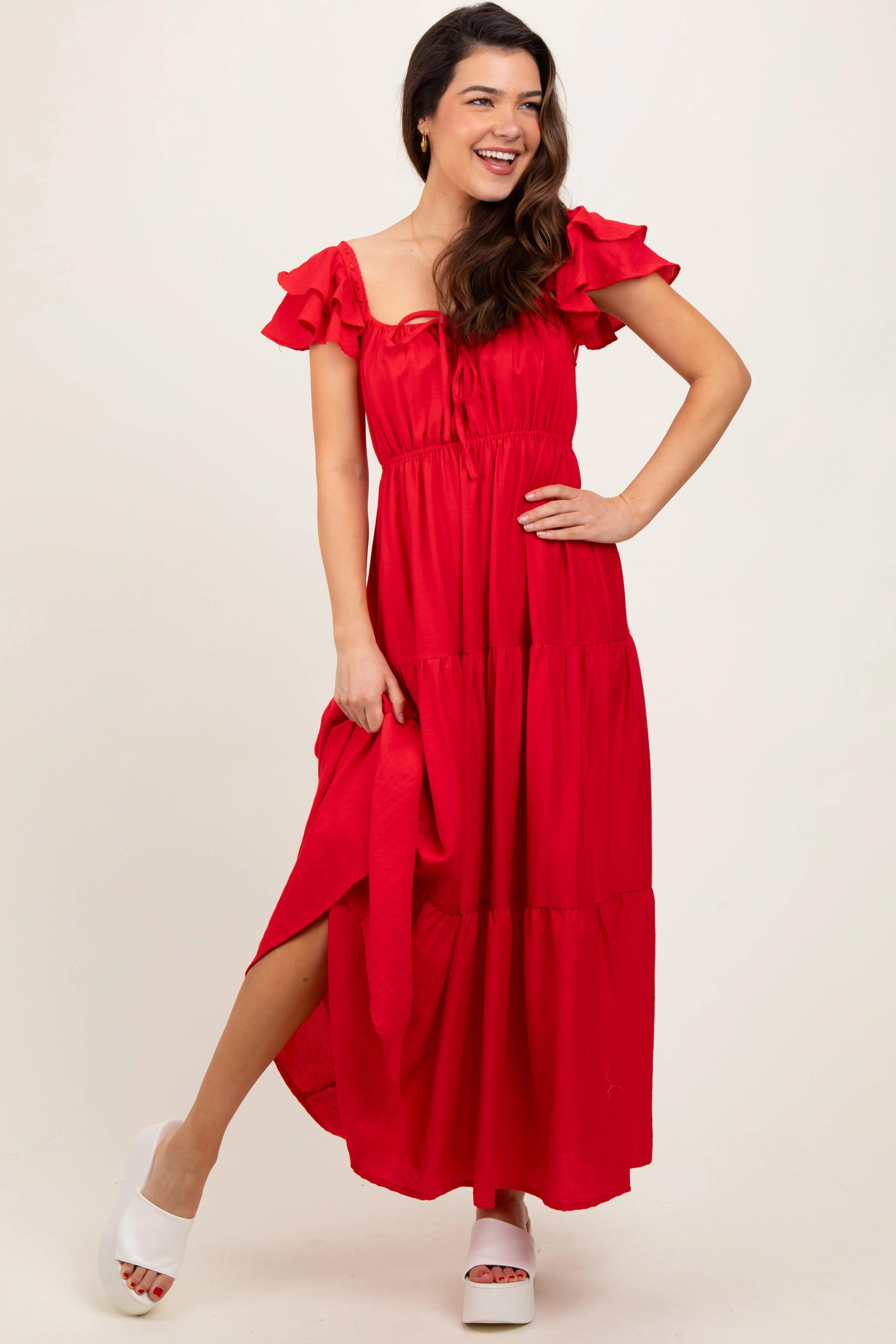 Red Layered Flutter Sleeve Tiered Maxi Dress PinkBlush