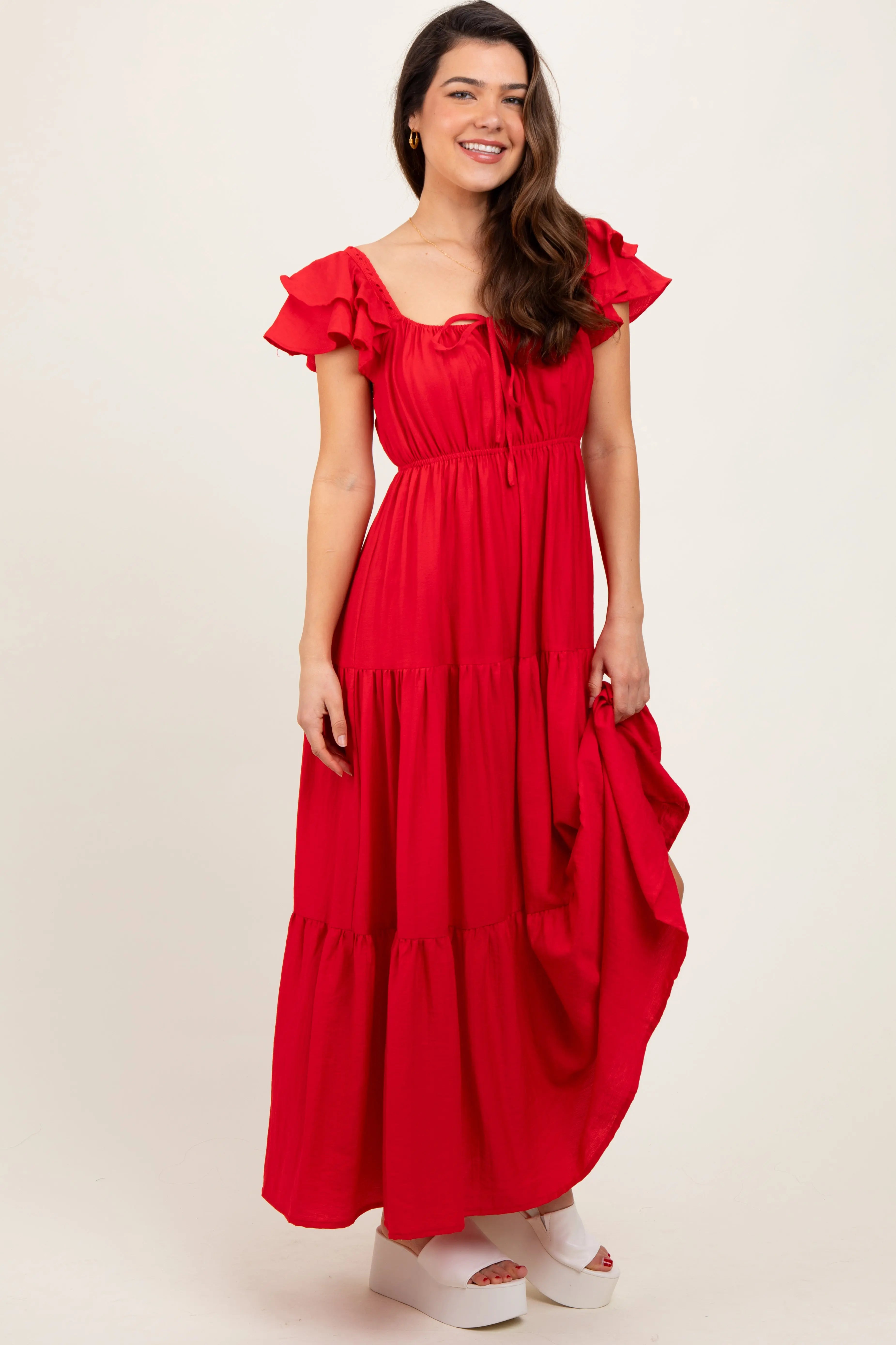 Red Layered Flutter Sleeve Tiered Maxi Dress PinkBlush