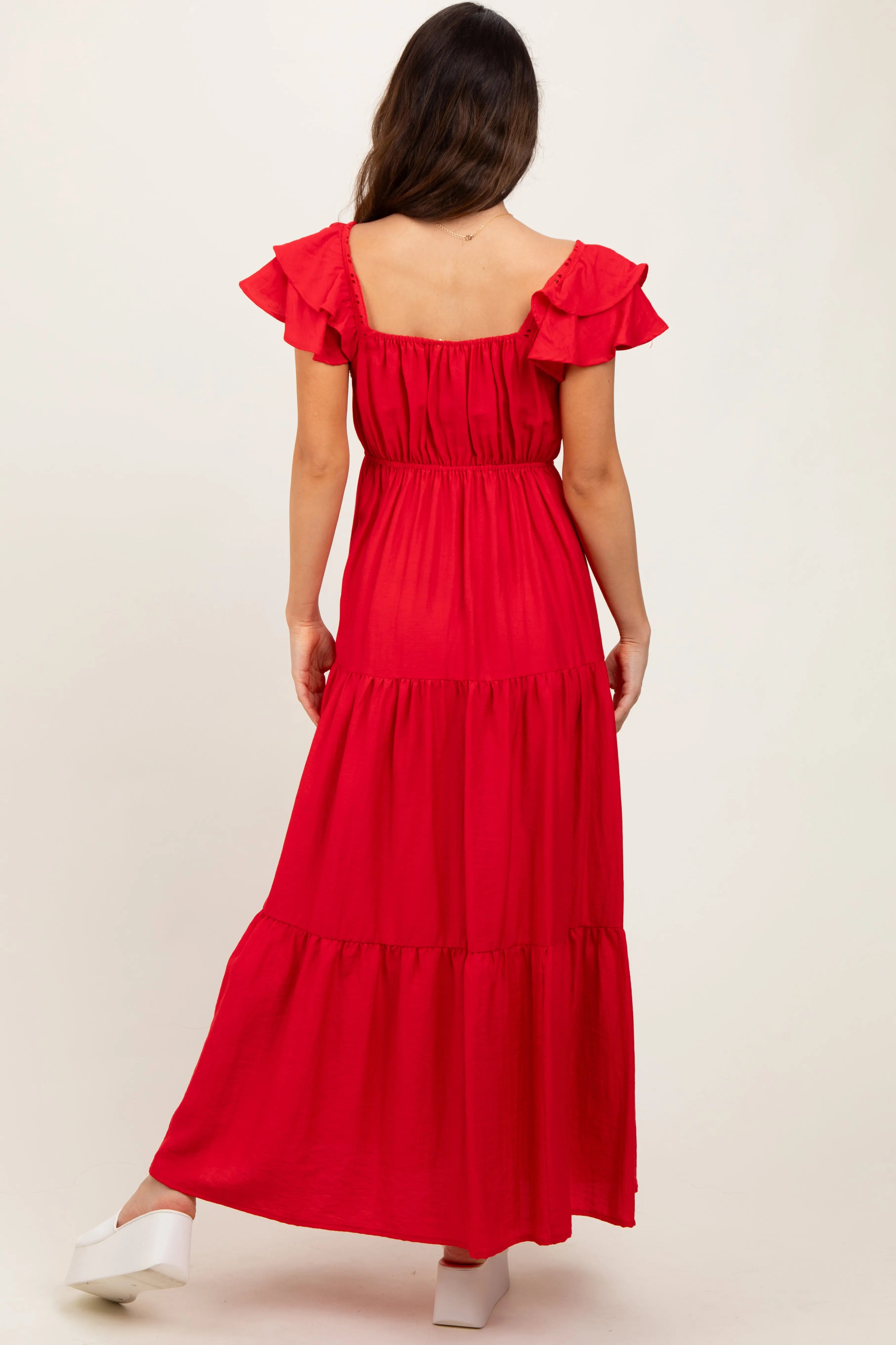 Red Layered Flutter Sleeve Tiered Maxi Dress PinkBlush