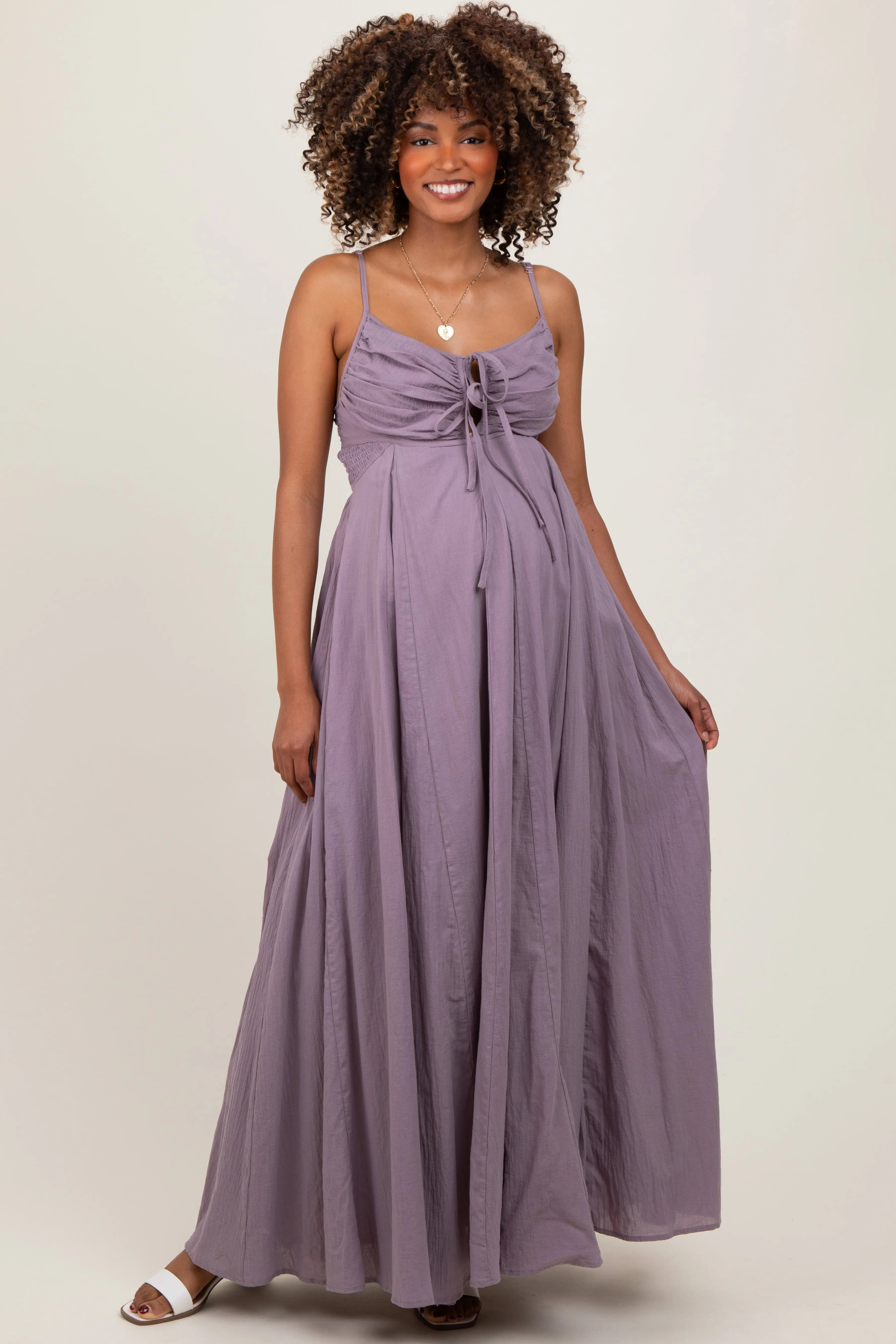 Purple Gathered Tie Front Maternity Maxi Dress PinkBlush