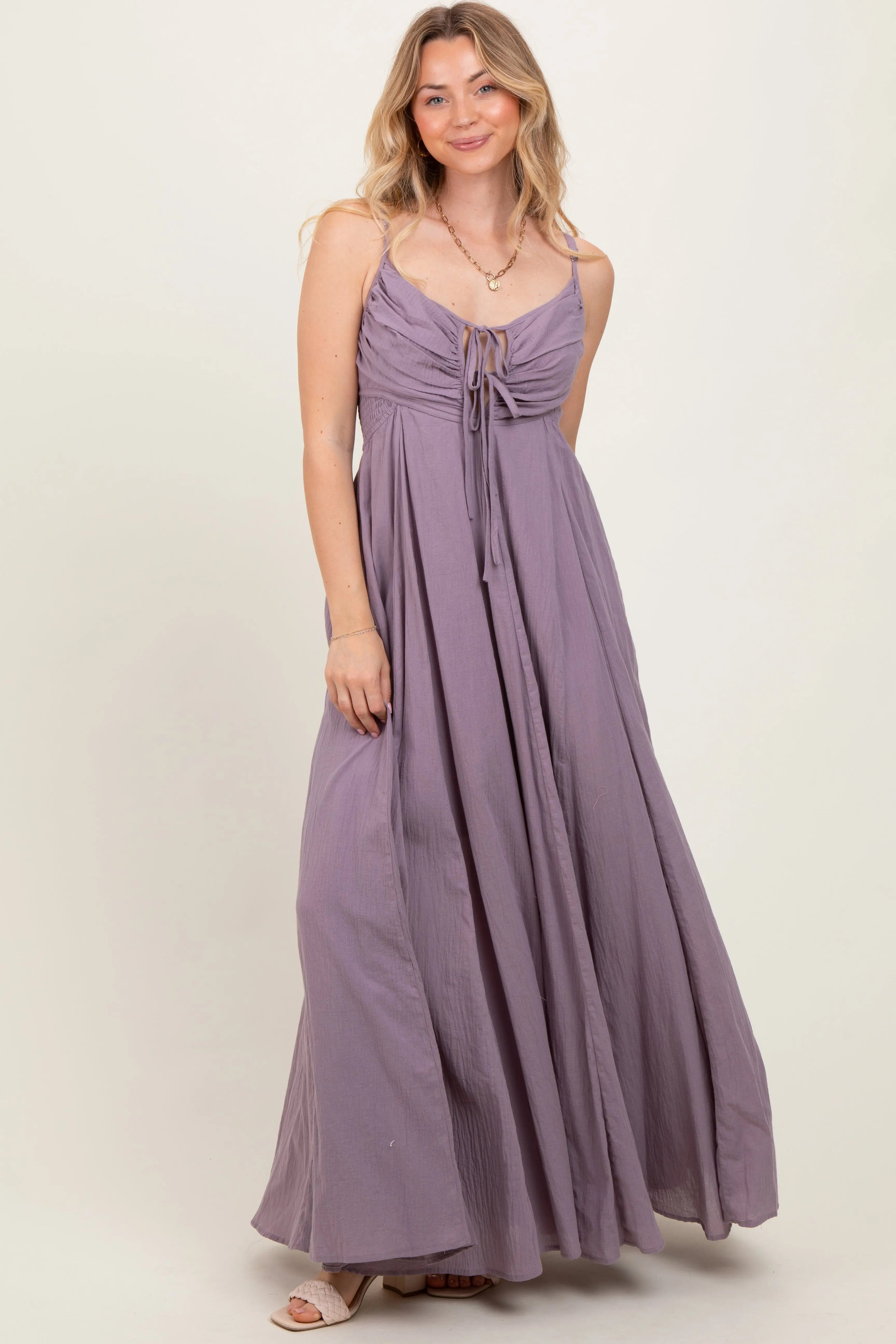 Purple Gathered Tie Front Maxi Dress PinkBlush