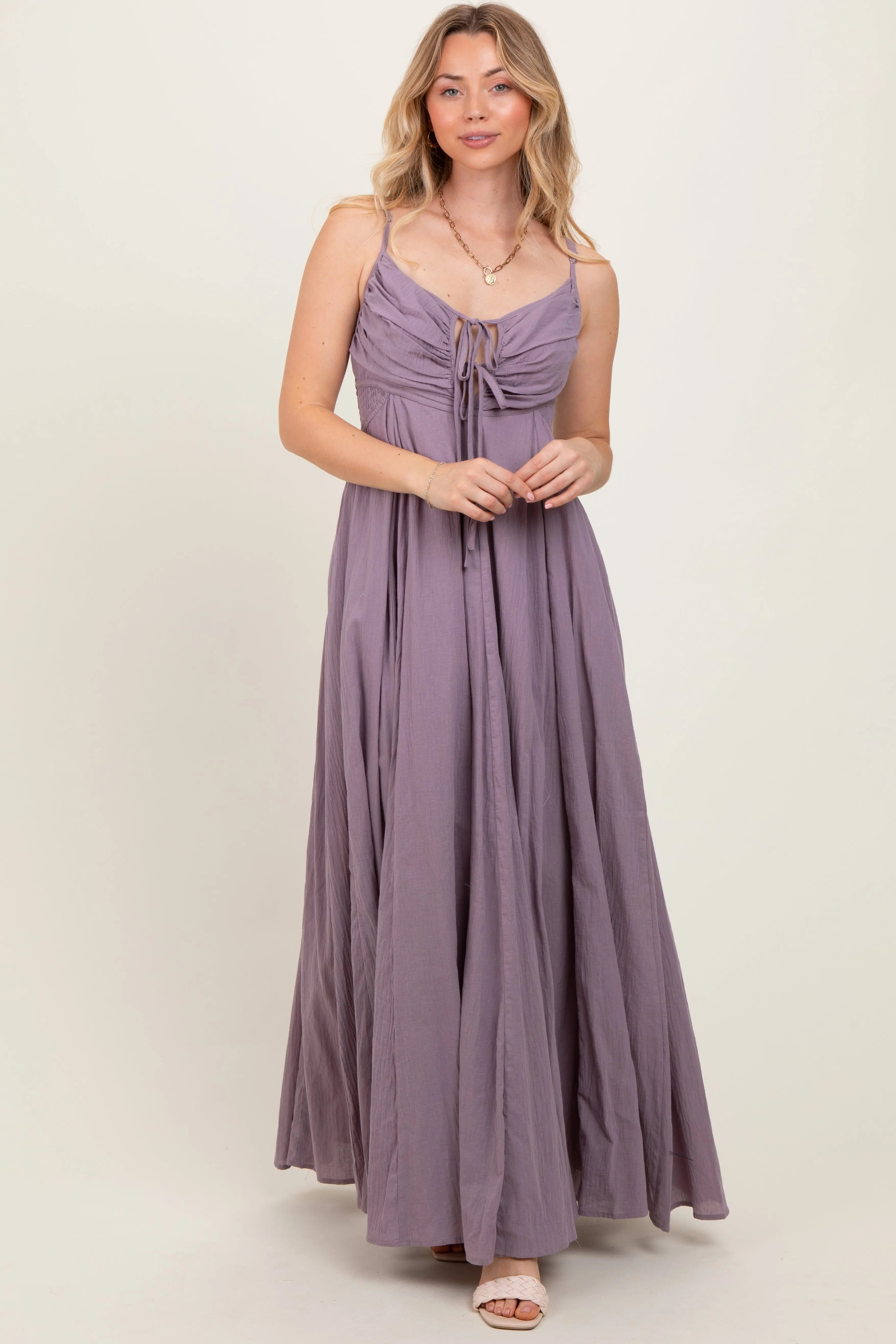 Purple Gathered Tie Front Maxi Dress PinkBlush