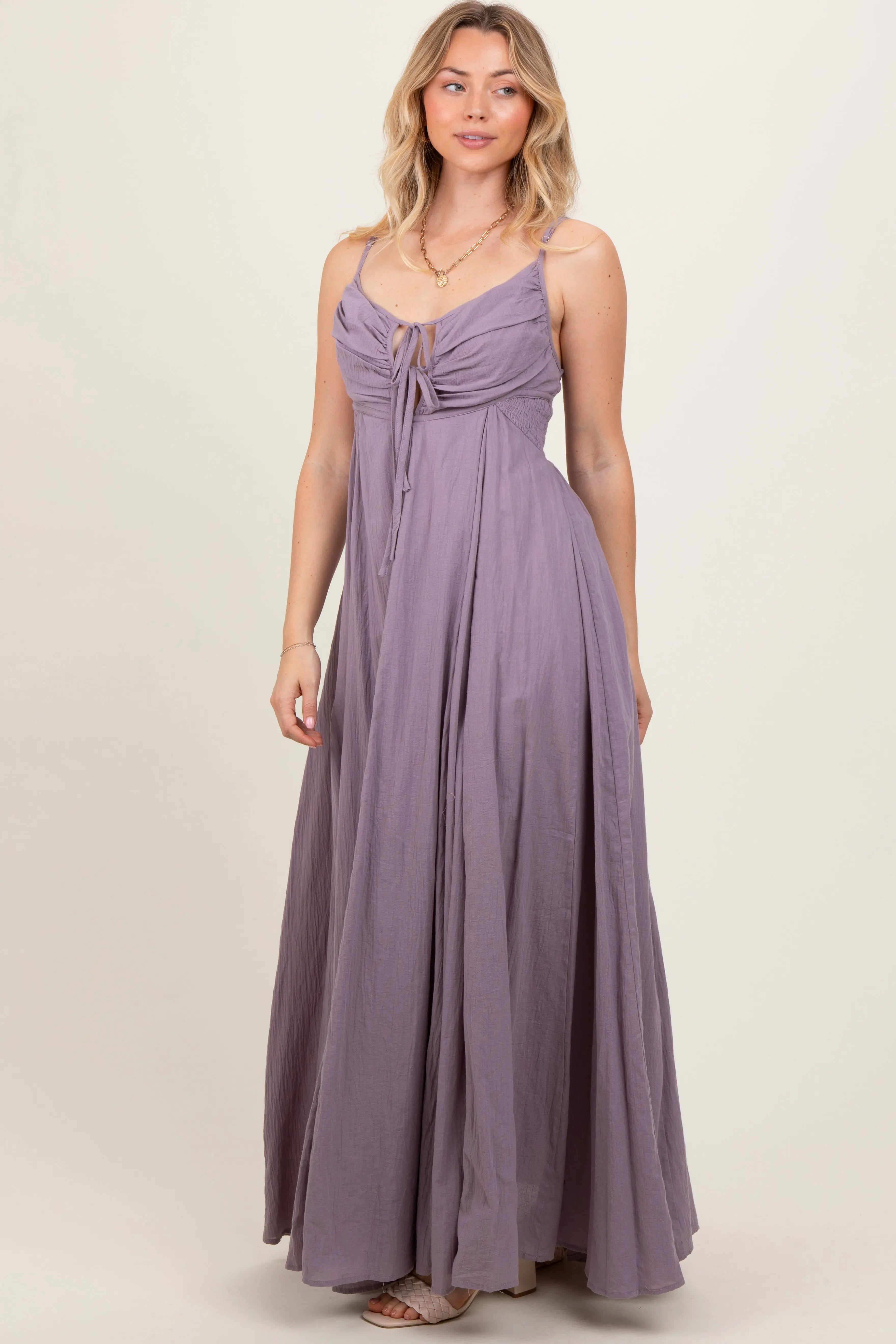 Purple Gathered Tie Front Maxi Dress PinkBlush