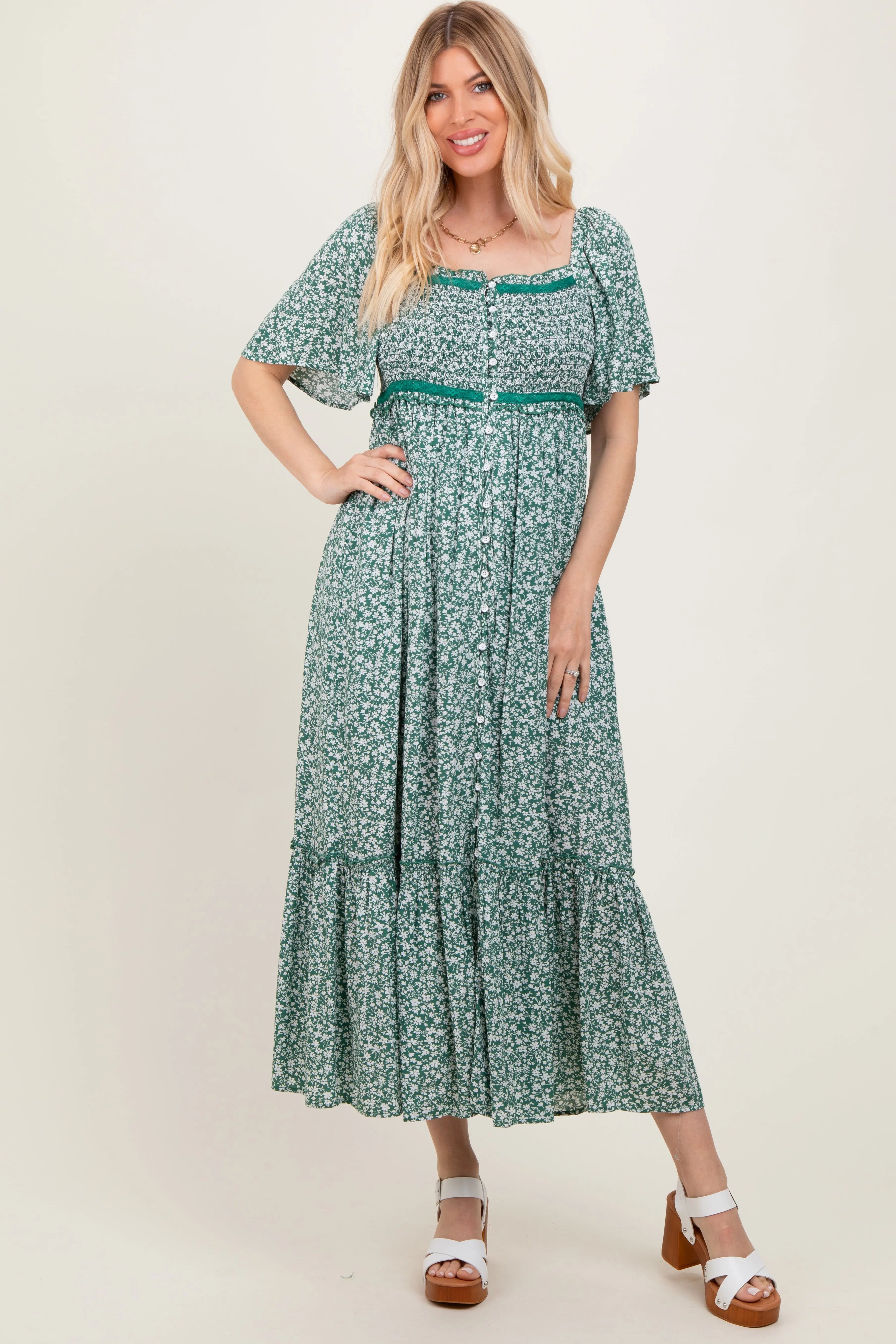 Green Smocked Button Down Flutter Sleeve Maxi Dress PinkBlush