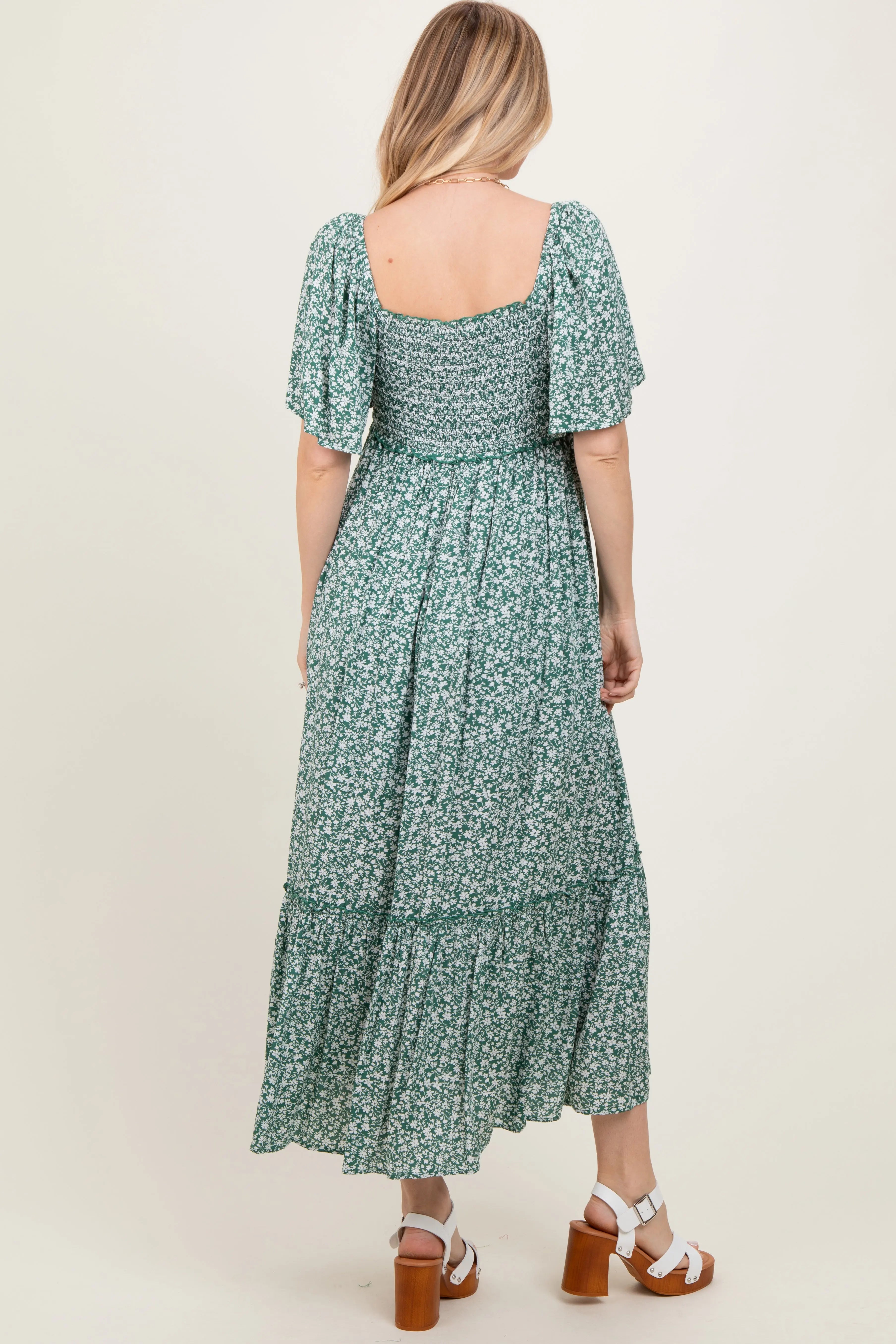 Green Smocked Button Down Flutter Sleeve Maxi Dress PinkBlush