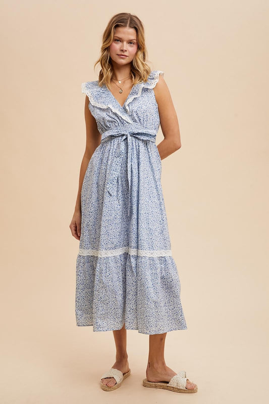 Light Blue Ruffled Floral Cotton Maxi Dress PinkBlush