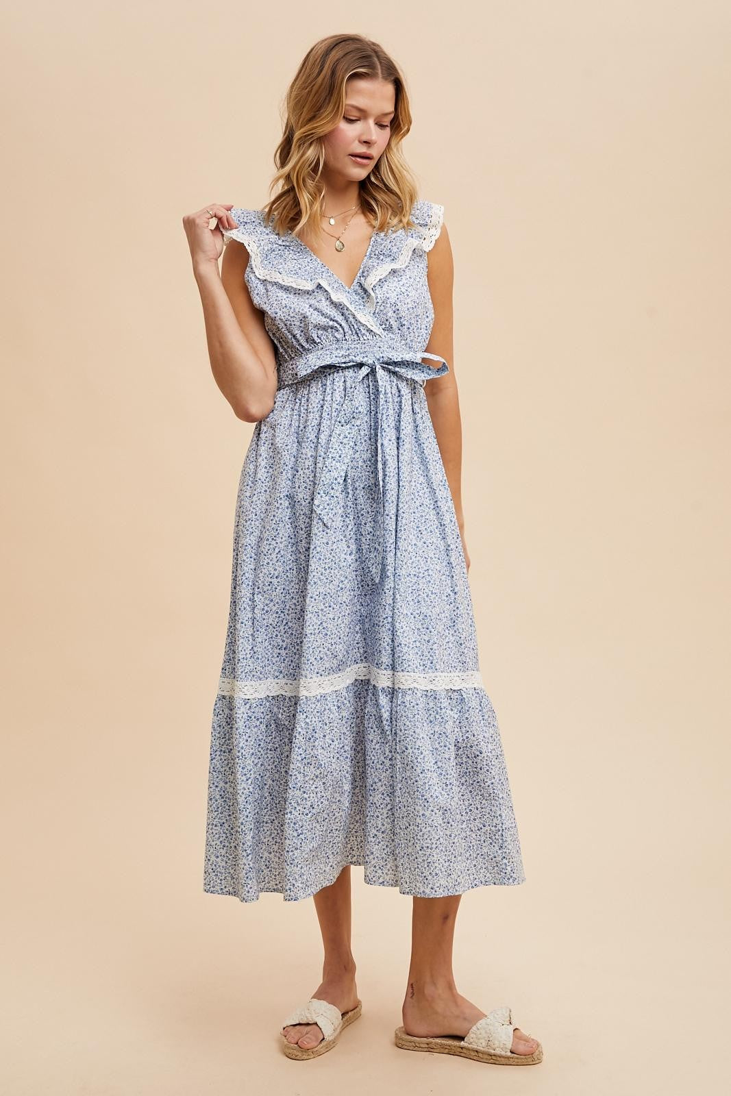 Light Blue Ruffled Floral Cotton Maxi Dress PinkBlush