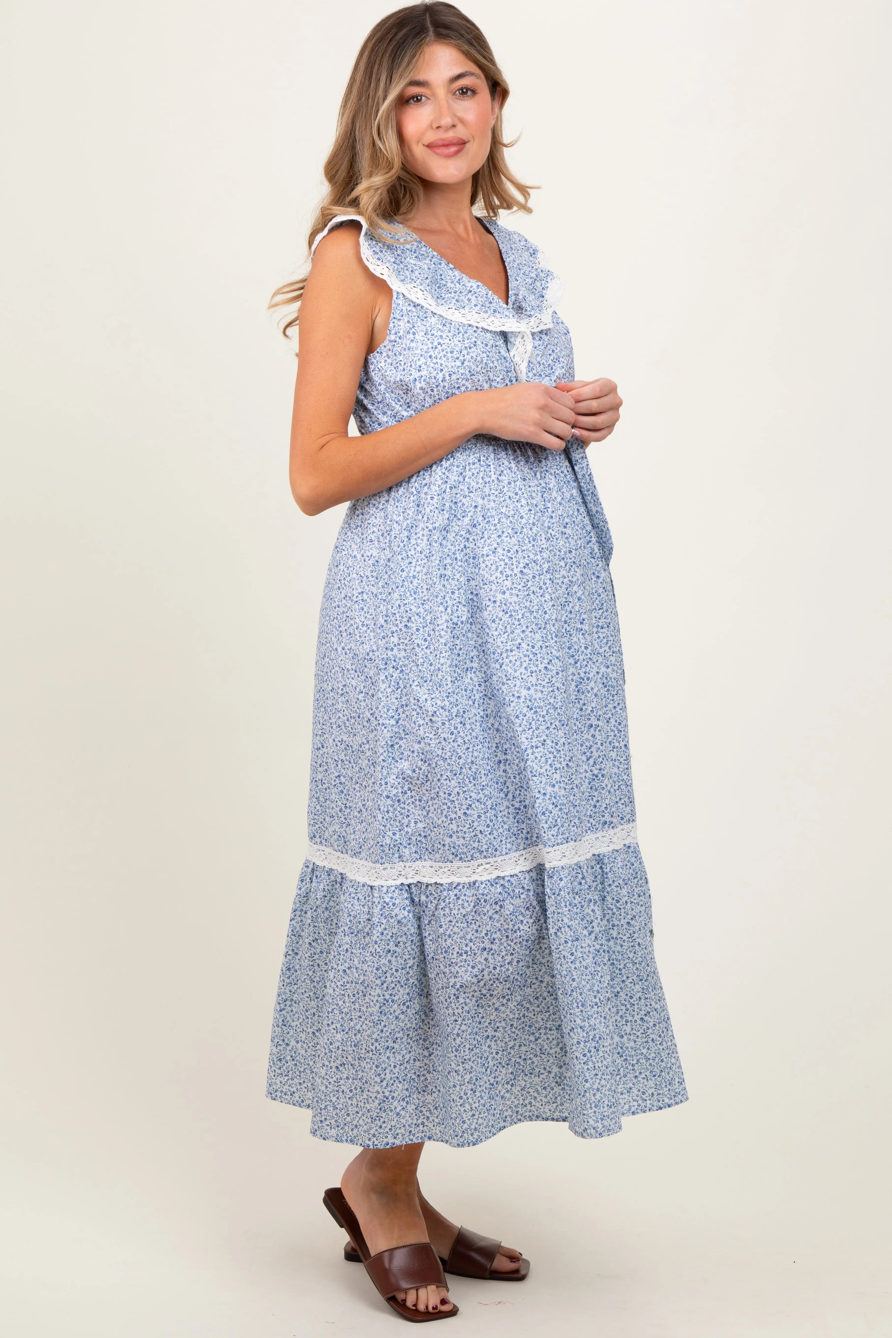 Light Blue Ruffled Floral Cotton Maternity Maxi Dress PinkBlush