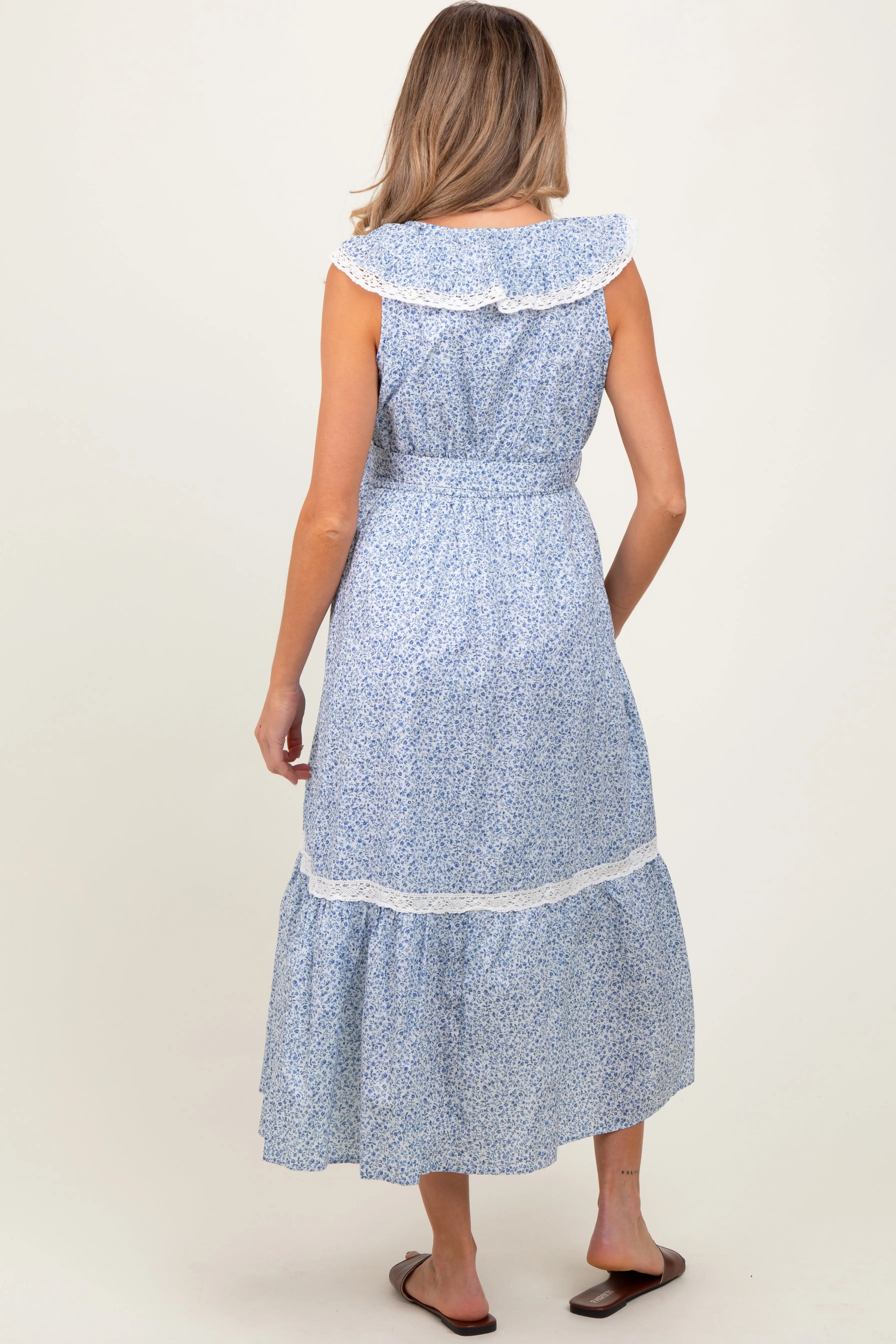 Light Blue Ruffled Floral Cotton Maternity Maxi Dress PinkBlush