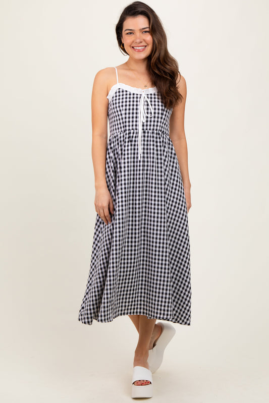 Black Gingham Smocked Trim Midi Dress PinkBlush
