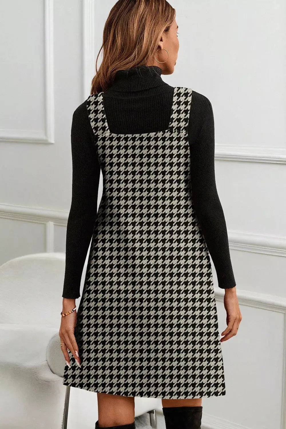 Houndstooth V-Neck Sleeveless Mini Dress Simply Love
