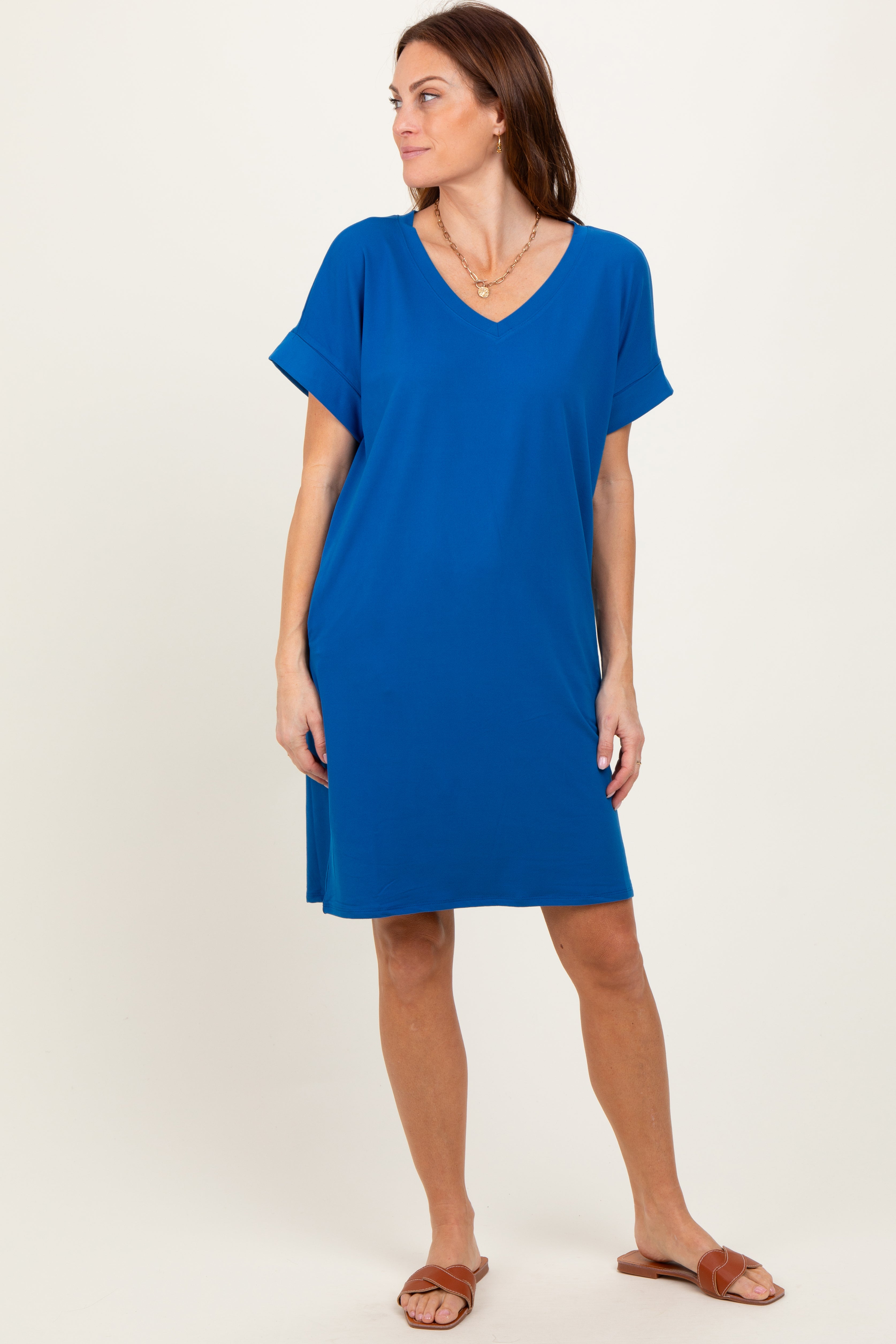 PinkBlush royal blue brushed rolled short sleeve v-neck dress front view