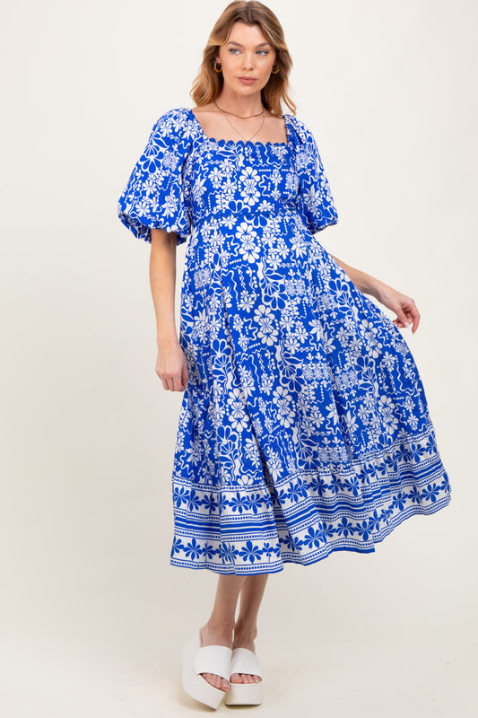PinkBlush blue floral scallop trim maternity midi dress front view