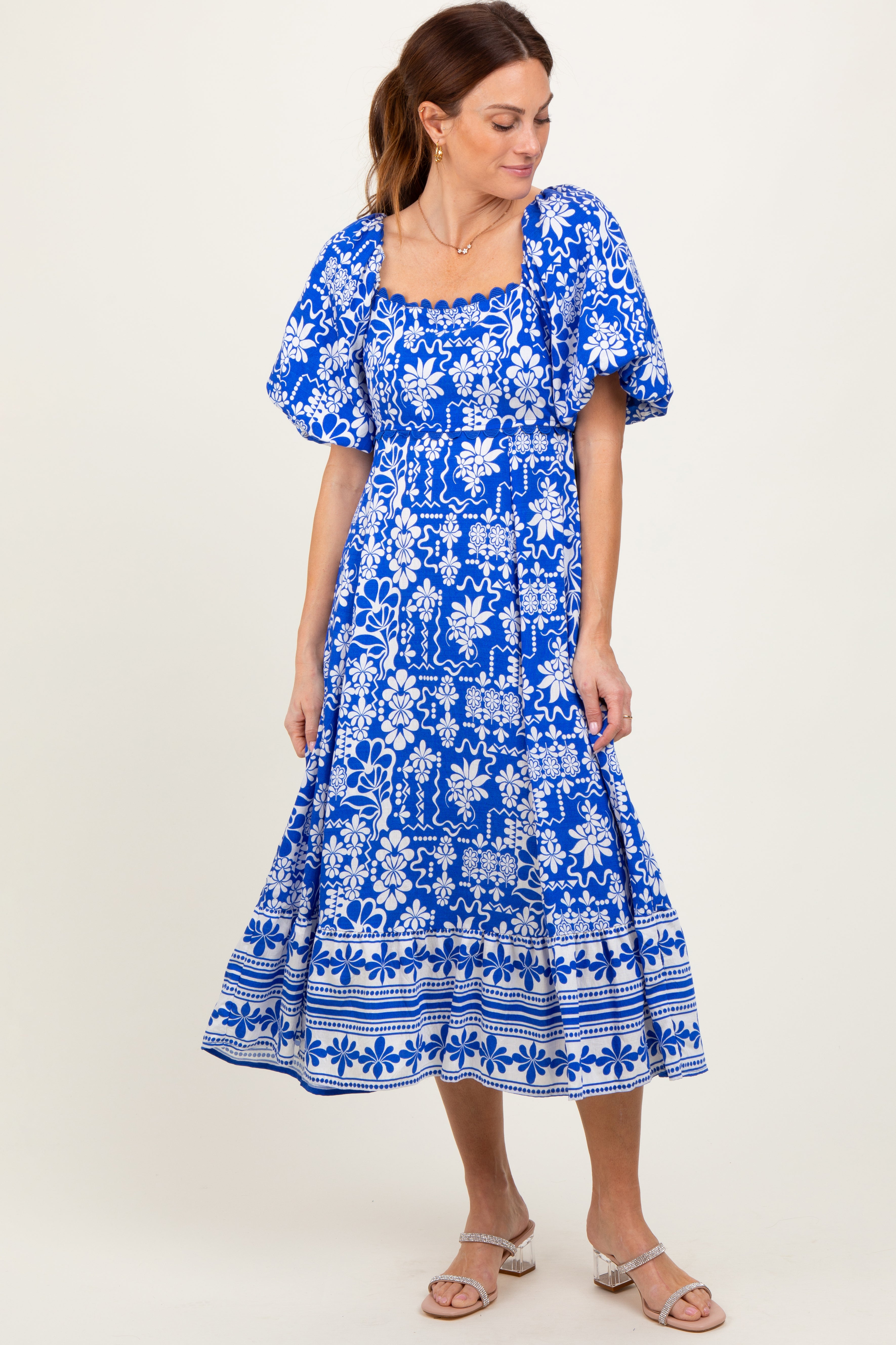 Blue floral scallop trim maternity dress back view and fit details