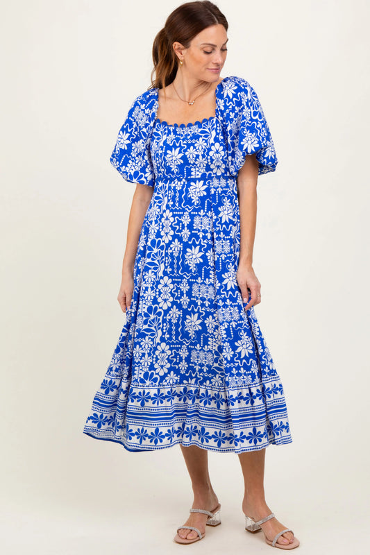 Blue Floral Scallop Trim Midi Dress PinkBlush