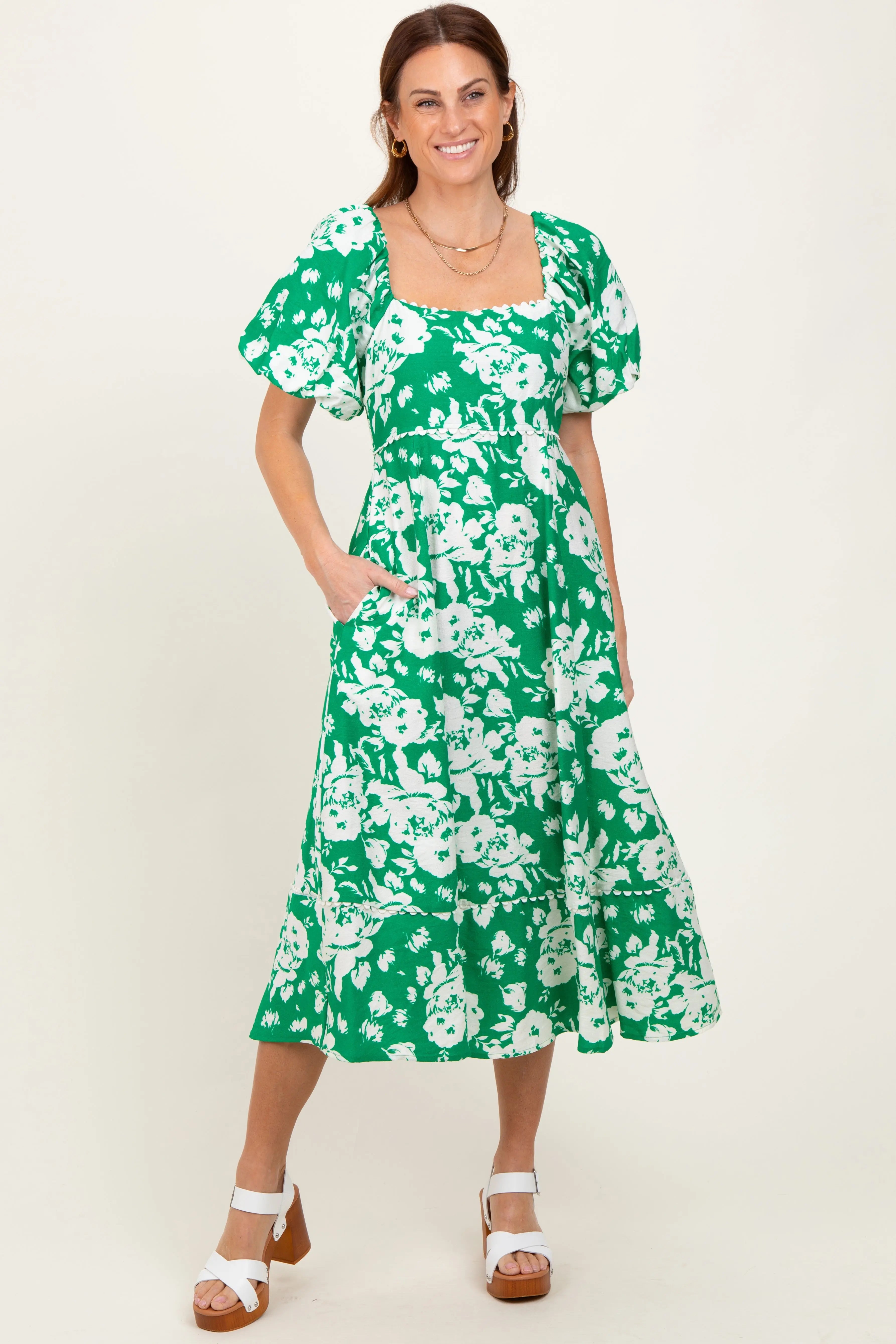 Green Floral Scallop Trim Puff Sleeve Midi Dress PinkBlush