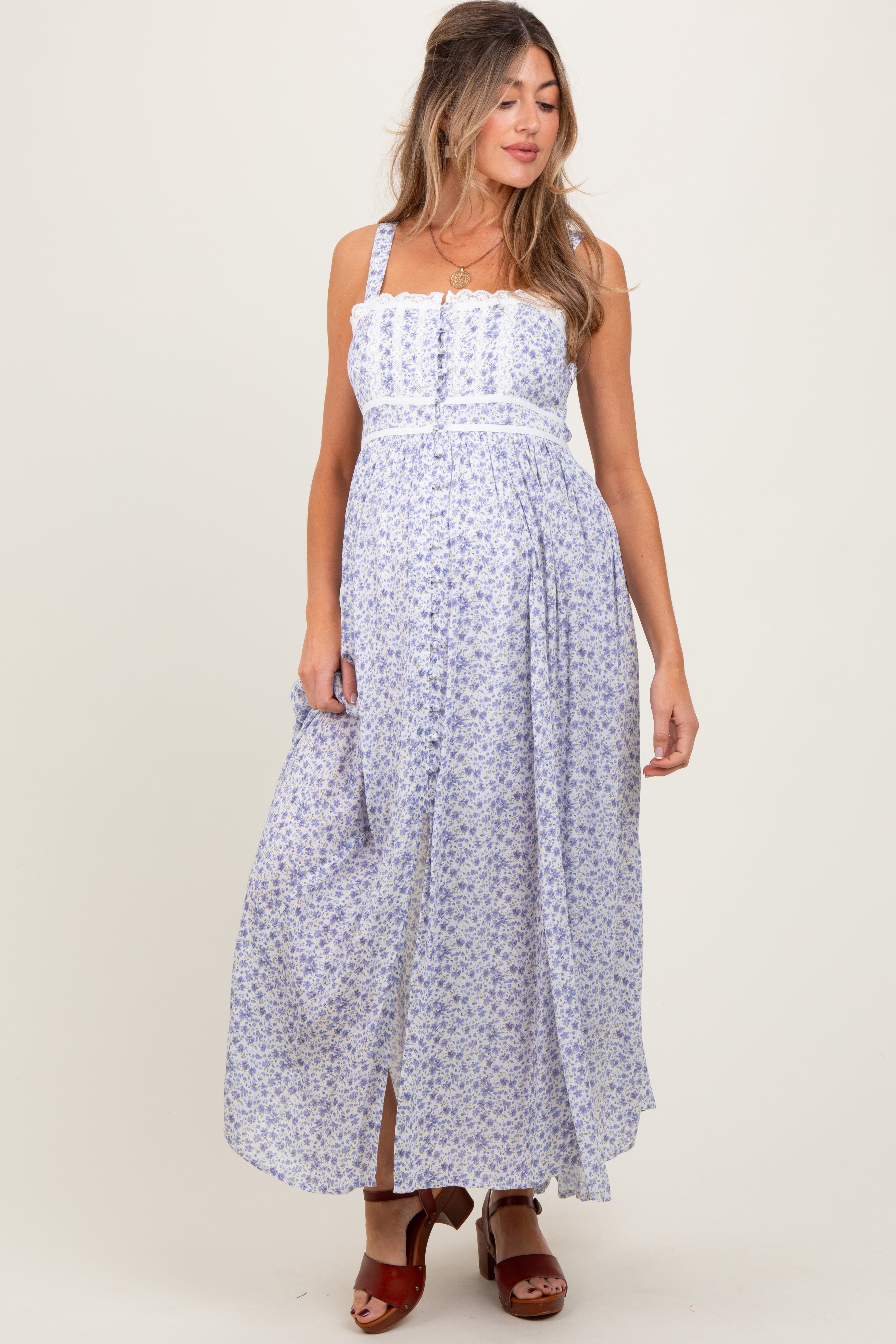 PinkBlush Light Blue Floral Button Down Sleeveless Maternity Maxi Dress - Alternate Angle