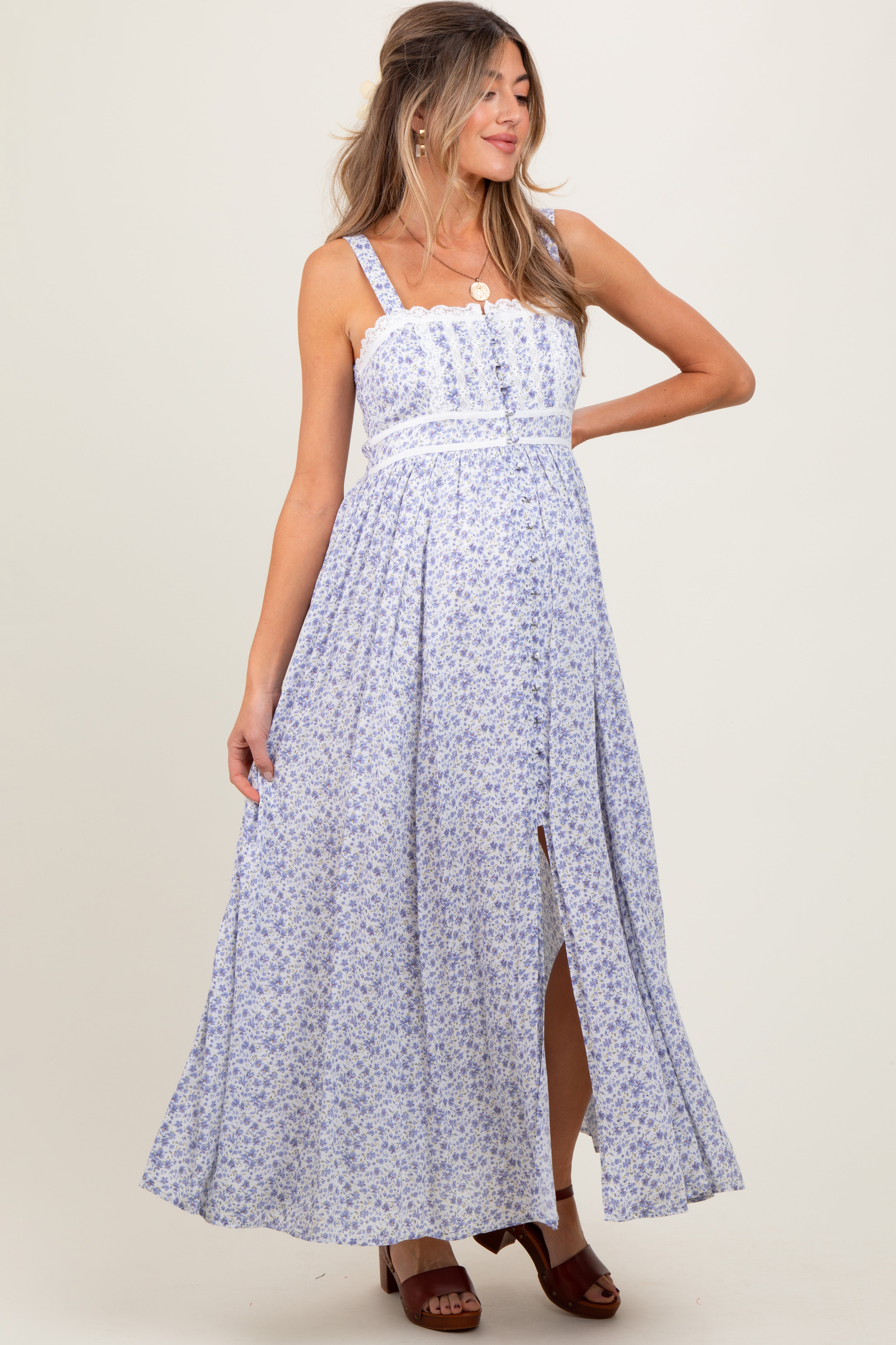 PinkBlush Light Blue Floral Button Down Sleeveless Maternity Maxi Dress - Detail View
