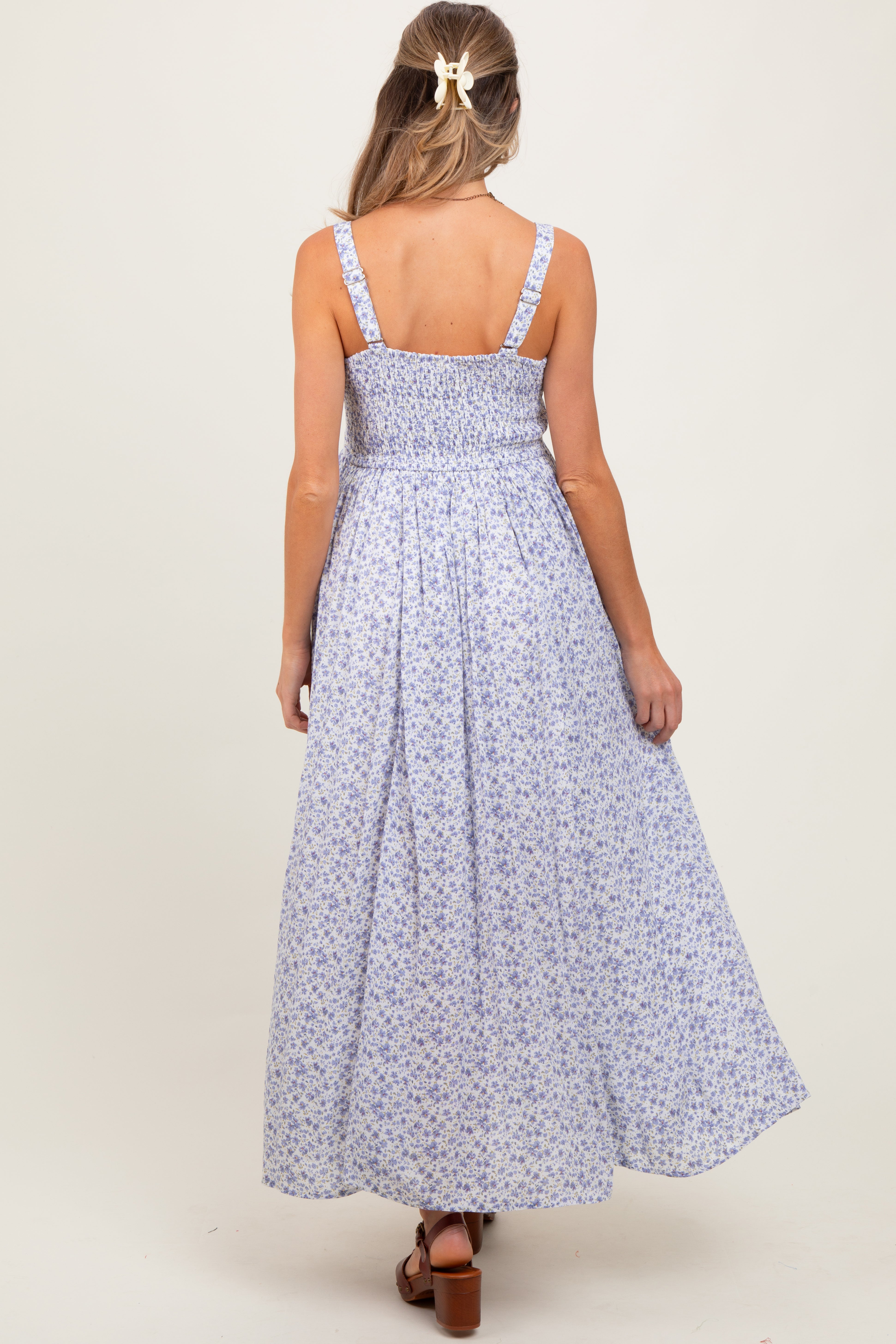 PinkBlush Light Blue Floral Button Down Sleeveless Maternity Maxi Dress - Close Up