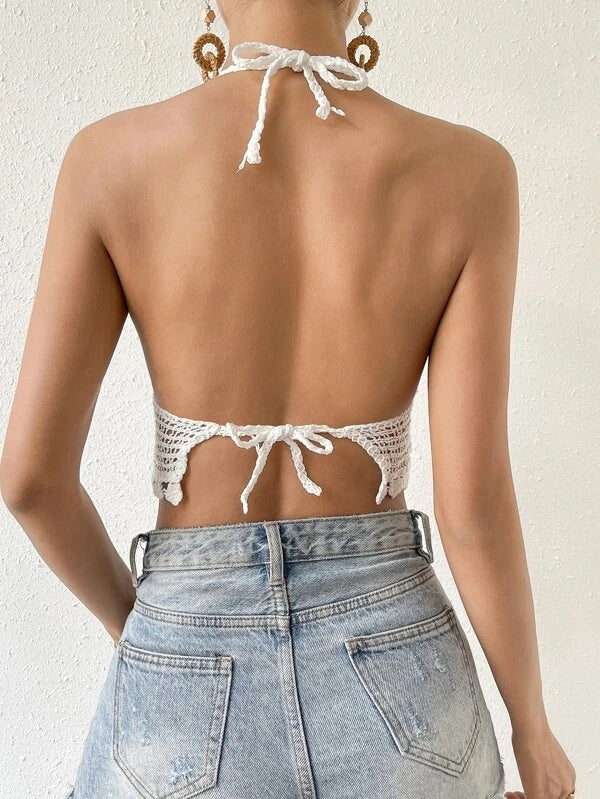 Women New Summer Crocheted Hollow Solid Color Sling Back Strap Top Crochet hook Bella Mia