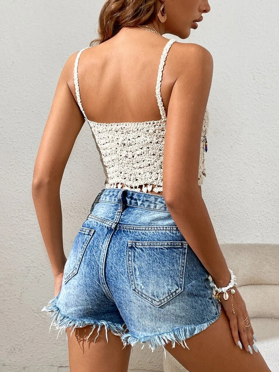 Women New Summer Solid Color Hand Knitted Hollow Sling Top Crochet hook Bella Mia