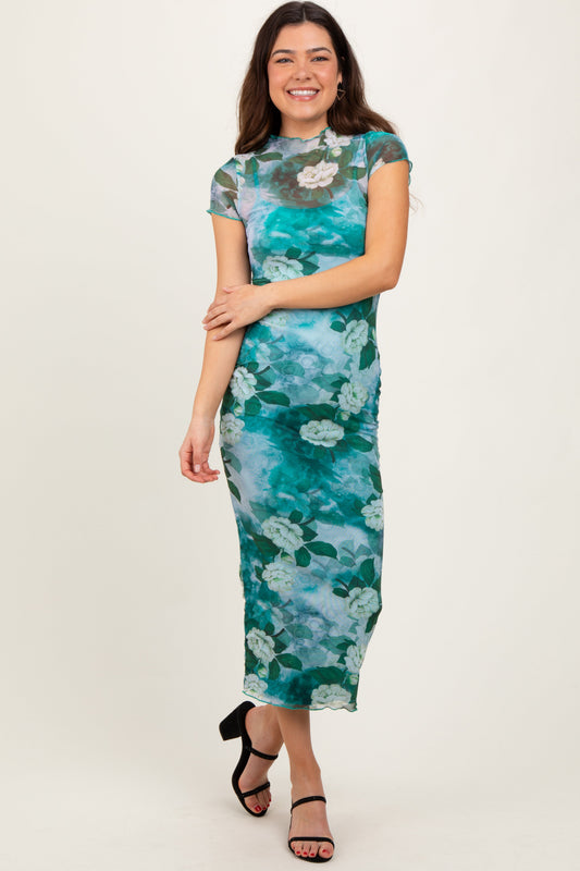 Green Floral Mesh Overlay Fitted Maxi Dress PinkBlush