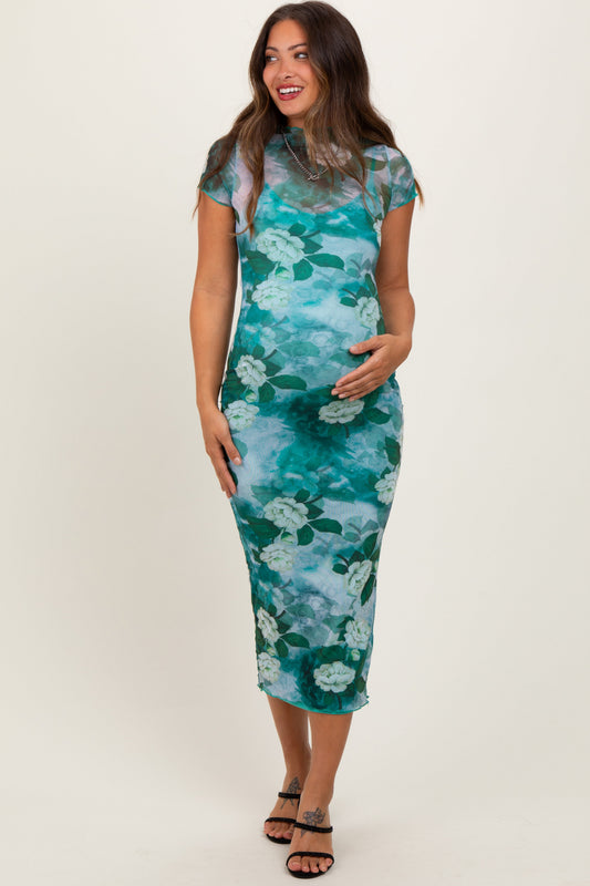 Green Floral Mesh Overlay Fitted Maternity Maxi Dress PinkBlush