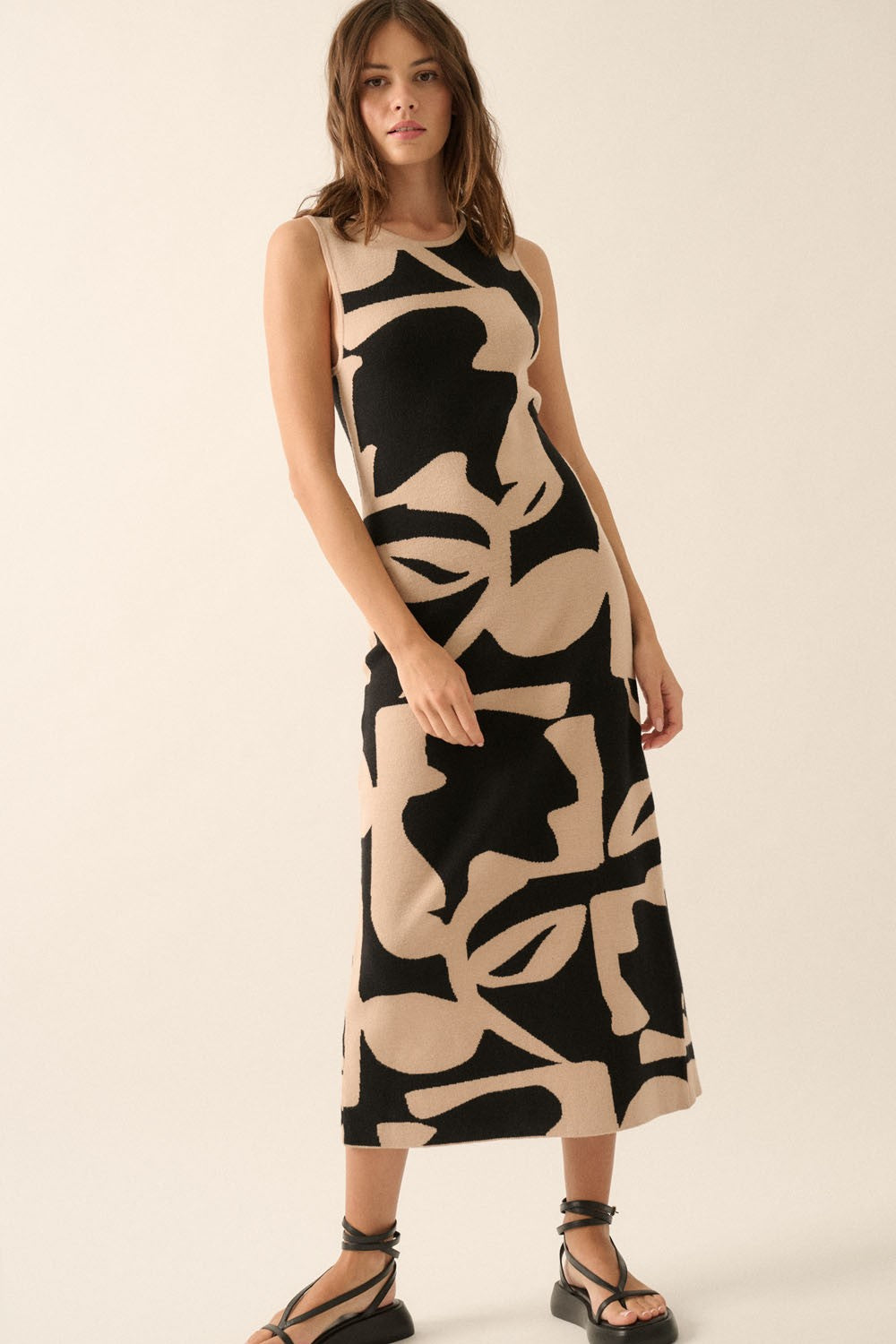 Black Abstract Print Knit Sleeveless Midi Dress PinkBlush