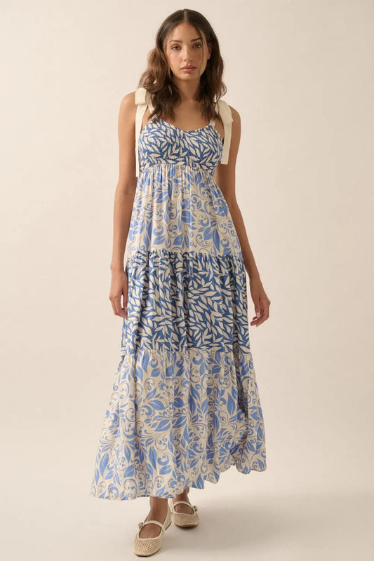 Blue Leaf Print Smocked Shoulder Tie Tiered Maxi Dress PinkBlush