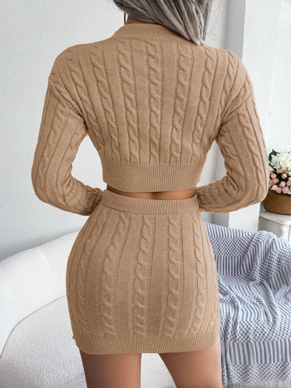 Cable-Knit Round Neck Top and Skirt Sweater Set.